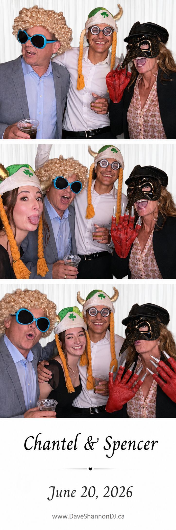 People dressed in costumes at a celebration, with masks, glasses, and novelty hats, holding drinks against a white curtain backdrop. The photo strip includes three images of the same group with different poses