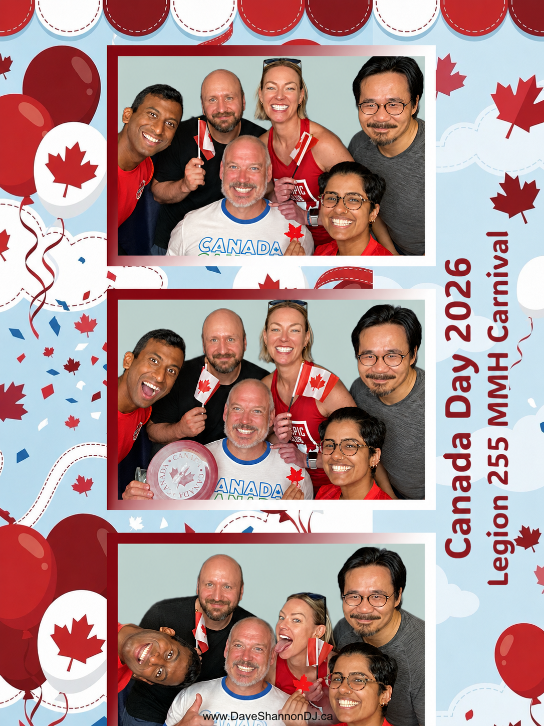 Photo booth strip with three pictures of a diverse group celebrating Canada Day 2026 at MMH Carnival, holding Canadian flags and party props, with a background decorated with red balloons, maple leaves, and a Canada-themed banner.