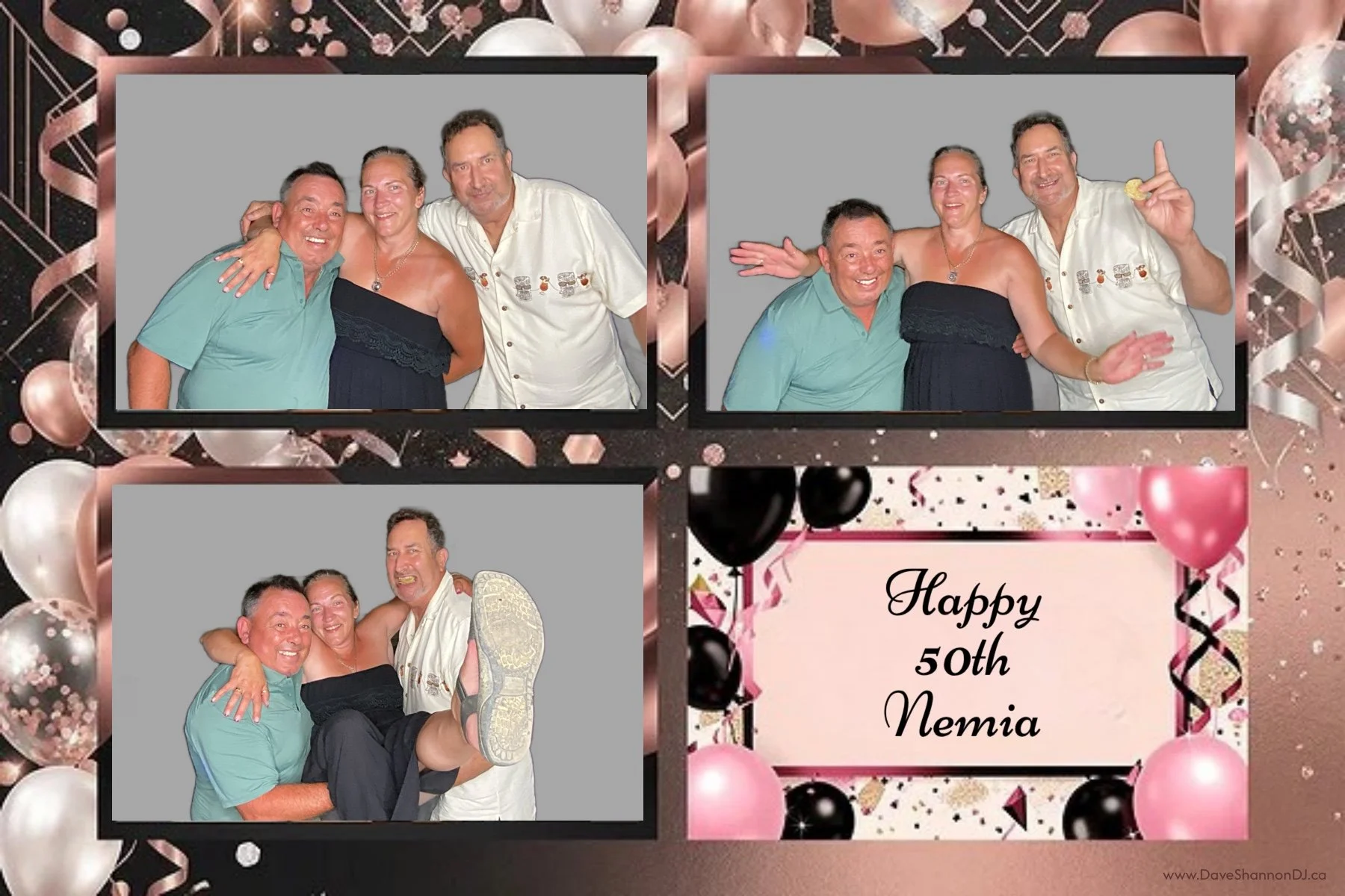 Decorative digital collage celebrating Nemia's 50th birthday with framed photos of a man, woman, and another man, surrounded by pink, black, and white balloons, ribbons, and confetti