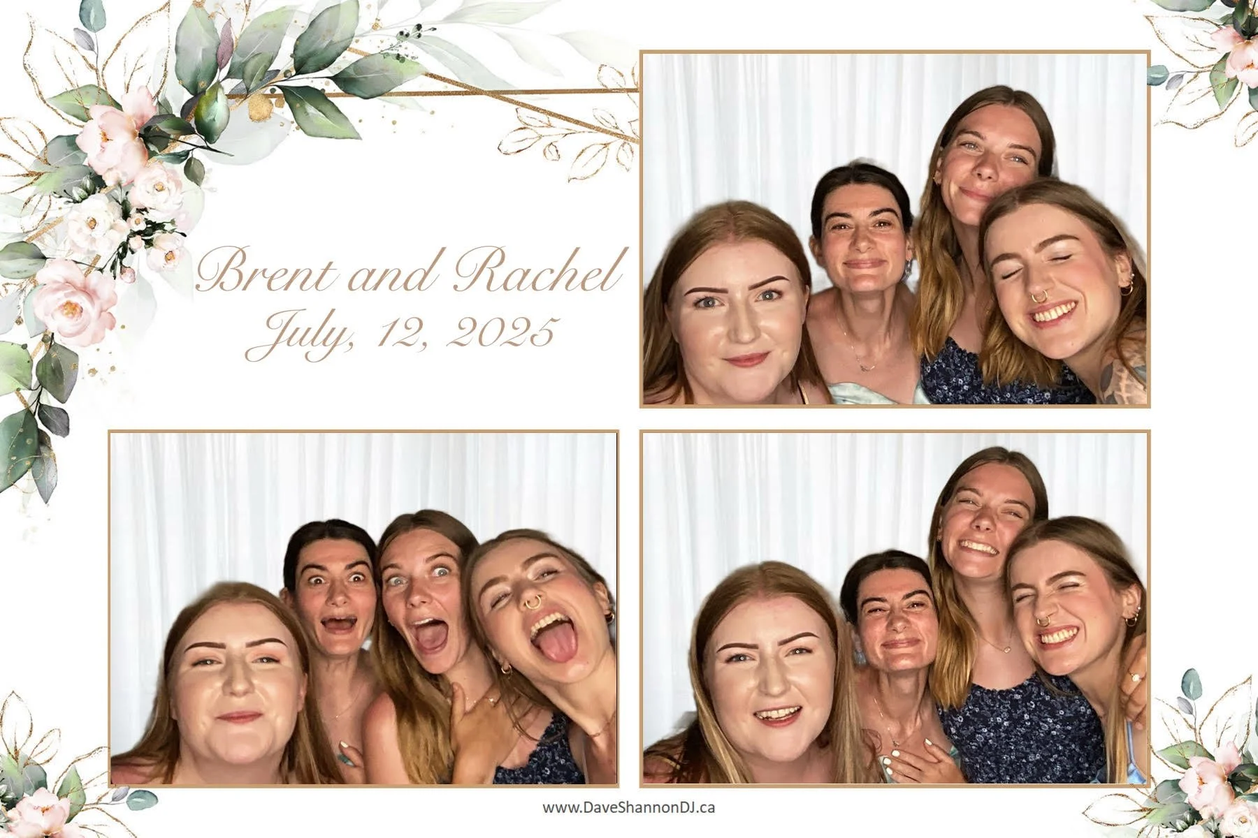 A wedding photo booth collage featuring a floral border with pink and white flowers and green leaves. The photos show four women smiling and having fun, with some making silly faces, against a white curtain backdrop.