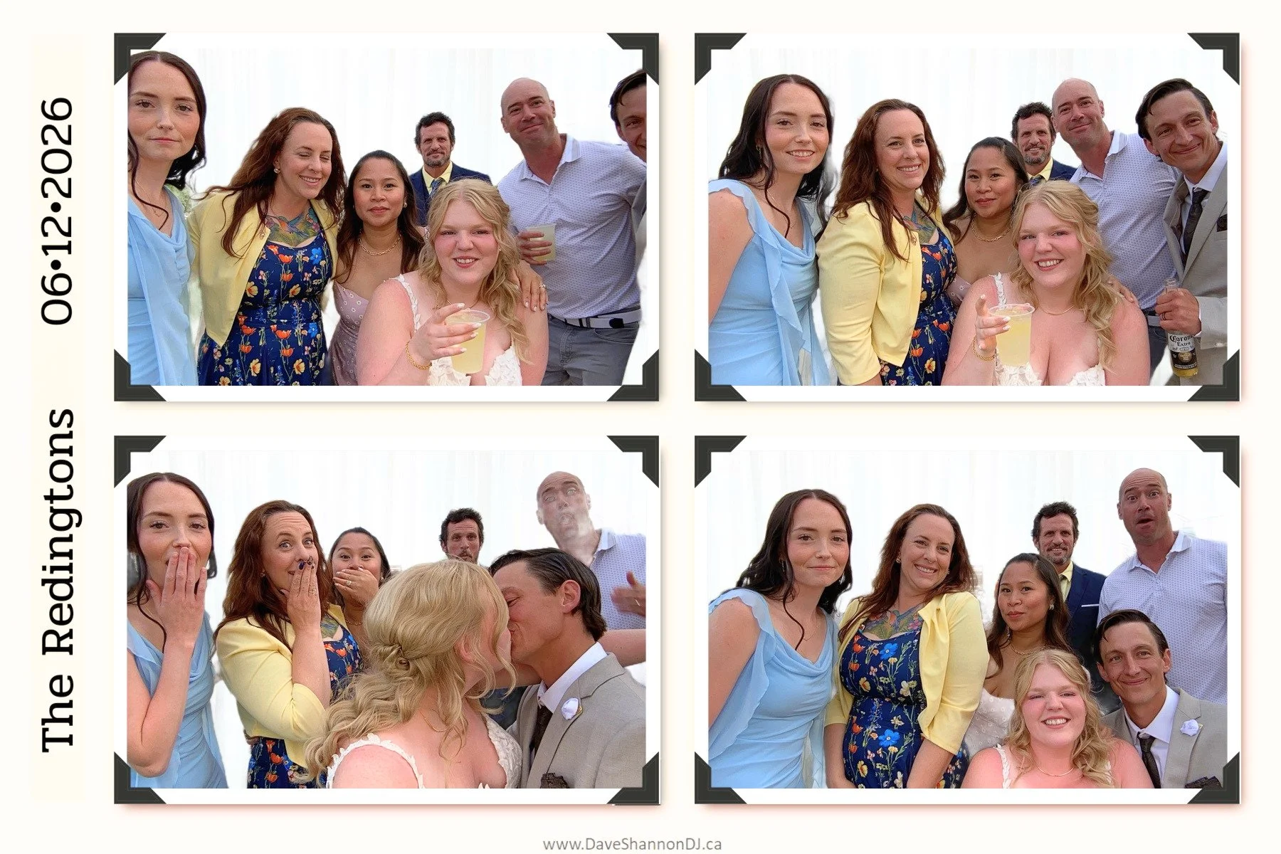 A group of people at a wedding reception taking photos with a photo booth. The group includes women dressed in pastel and floral dresses, a man in a suit, and others smiling or making expressions for the camera, bride and groom kissing.