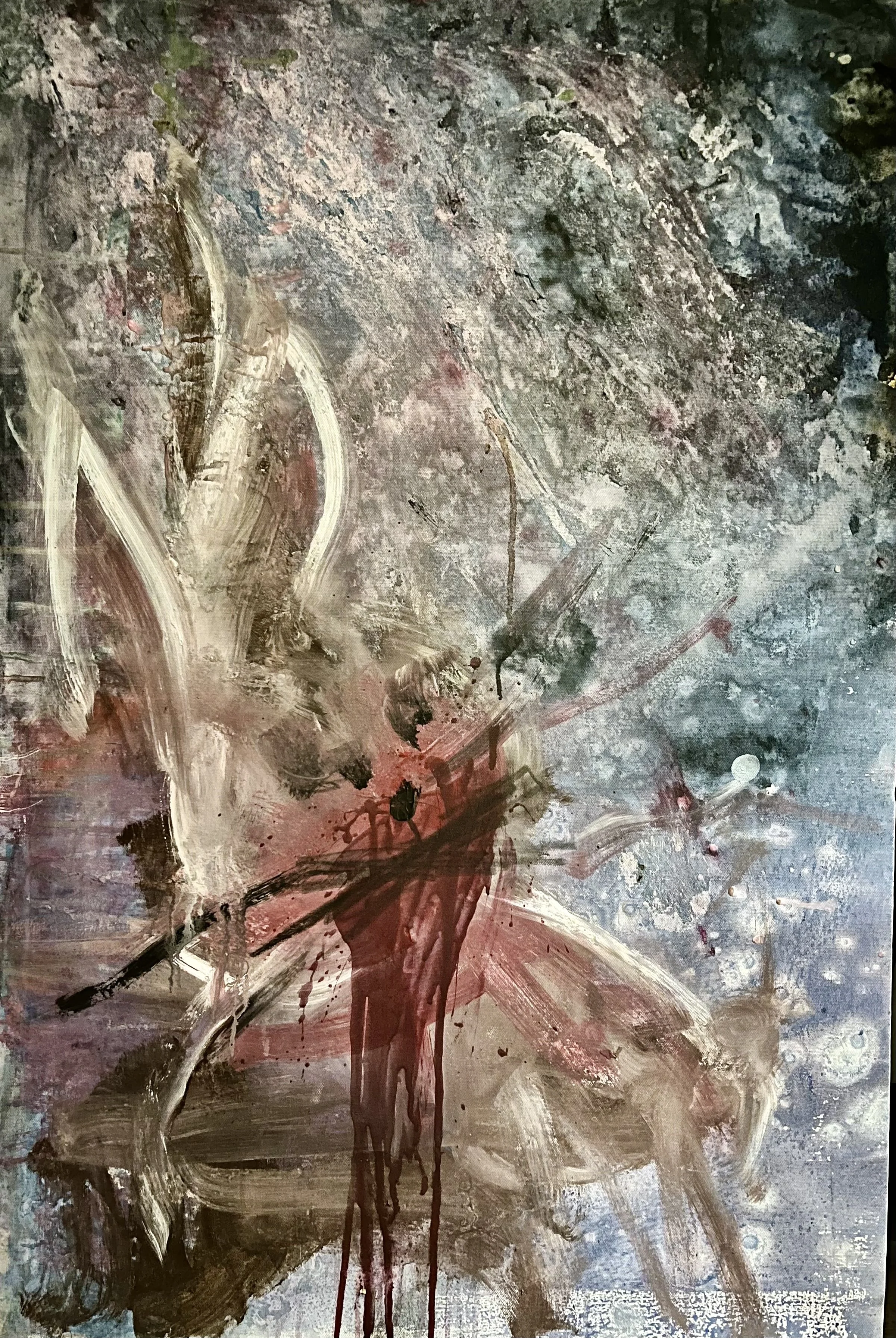 An abstract painting with splashes of gray, black, white, red, and beige colors, featuring bold brush strokes and drips.