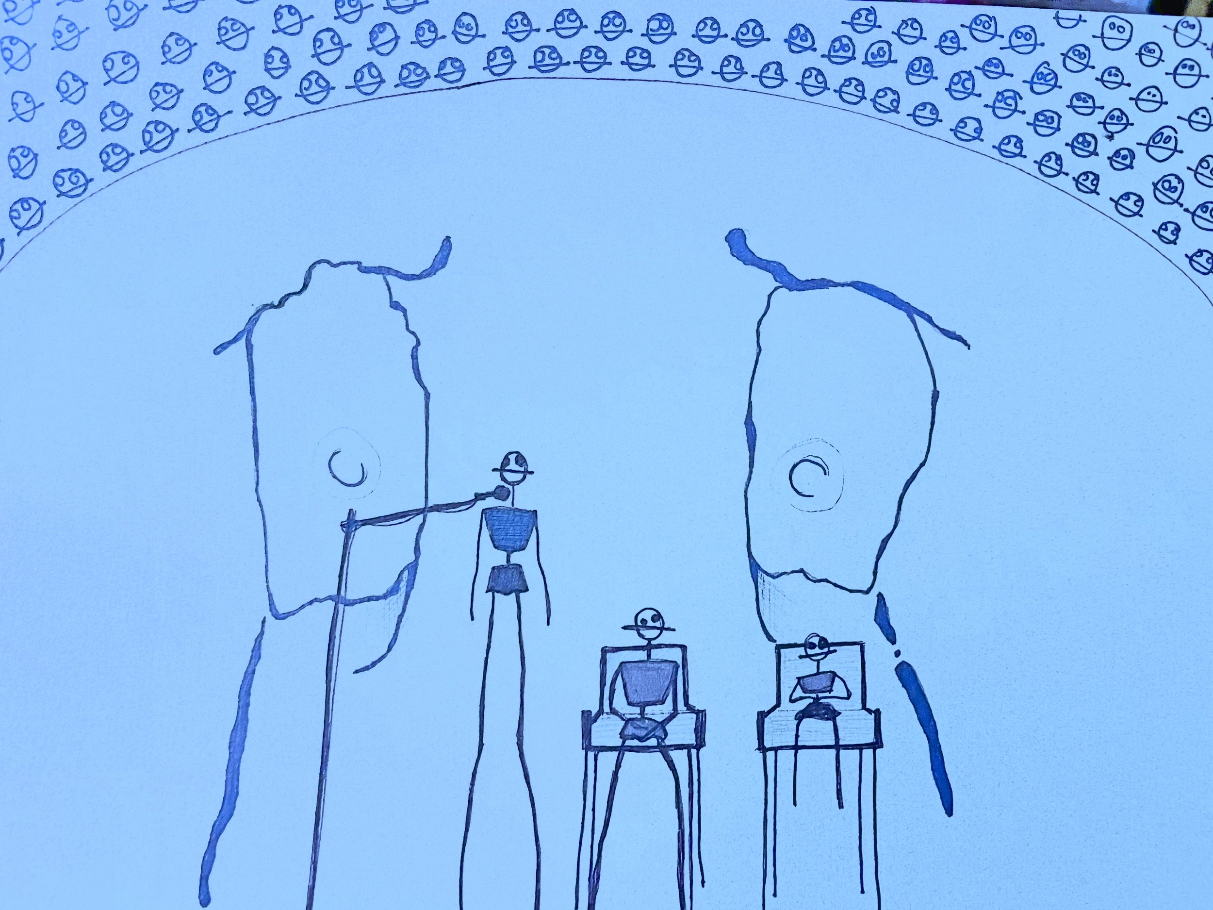 A child's drawing featuring a large crowd of small figures at the top, with three larger stick figures below, all wearing hats, set against a light background.