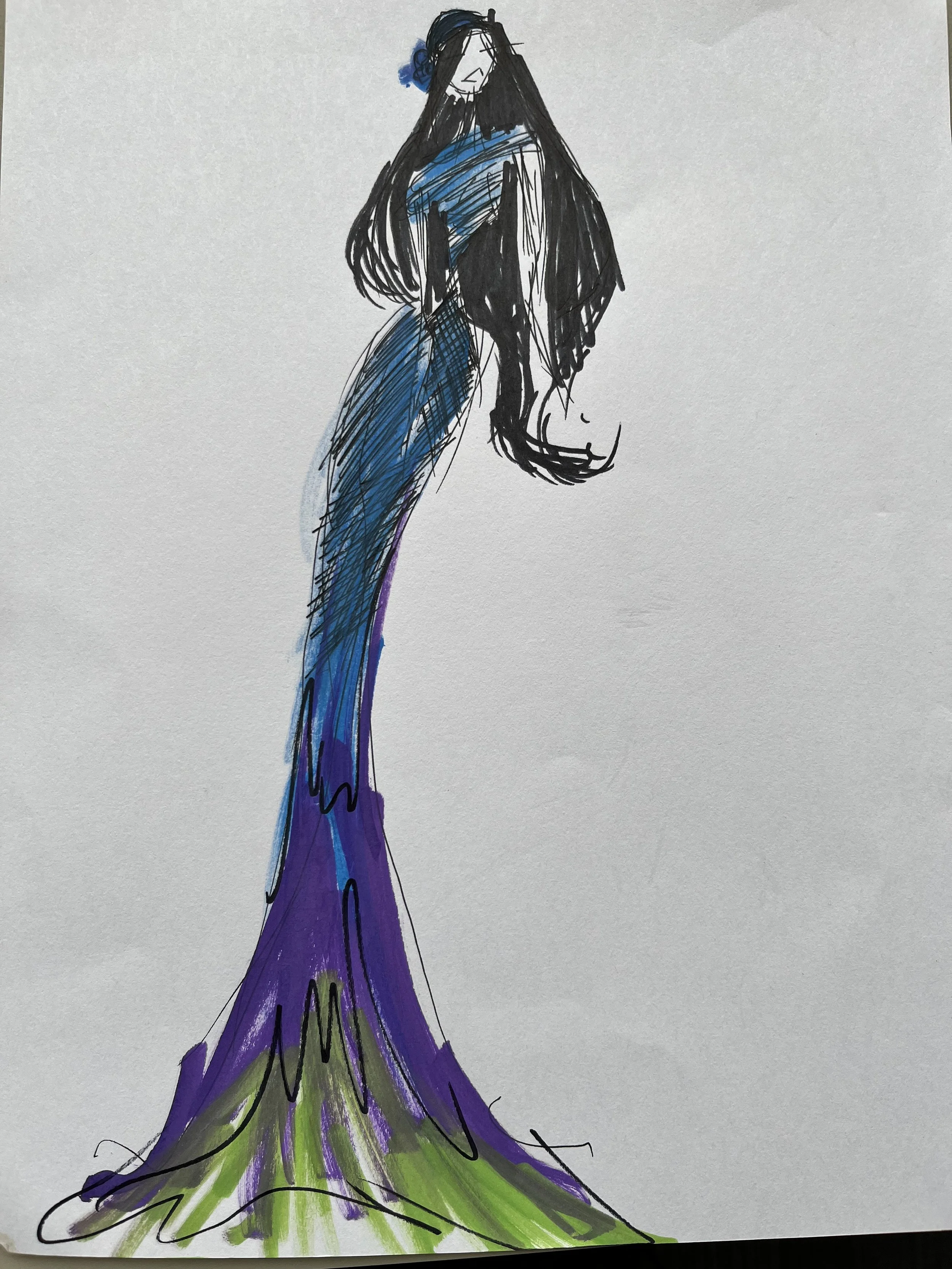 A fashion sketch of a tall woman in a flowing gown with a blue top and a multicolored skirt with purple, green, blue, and black hues, drawn with black ink and colored markers.