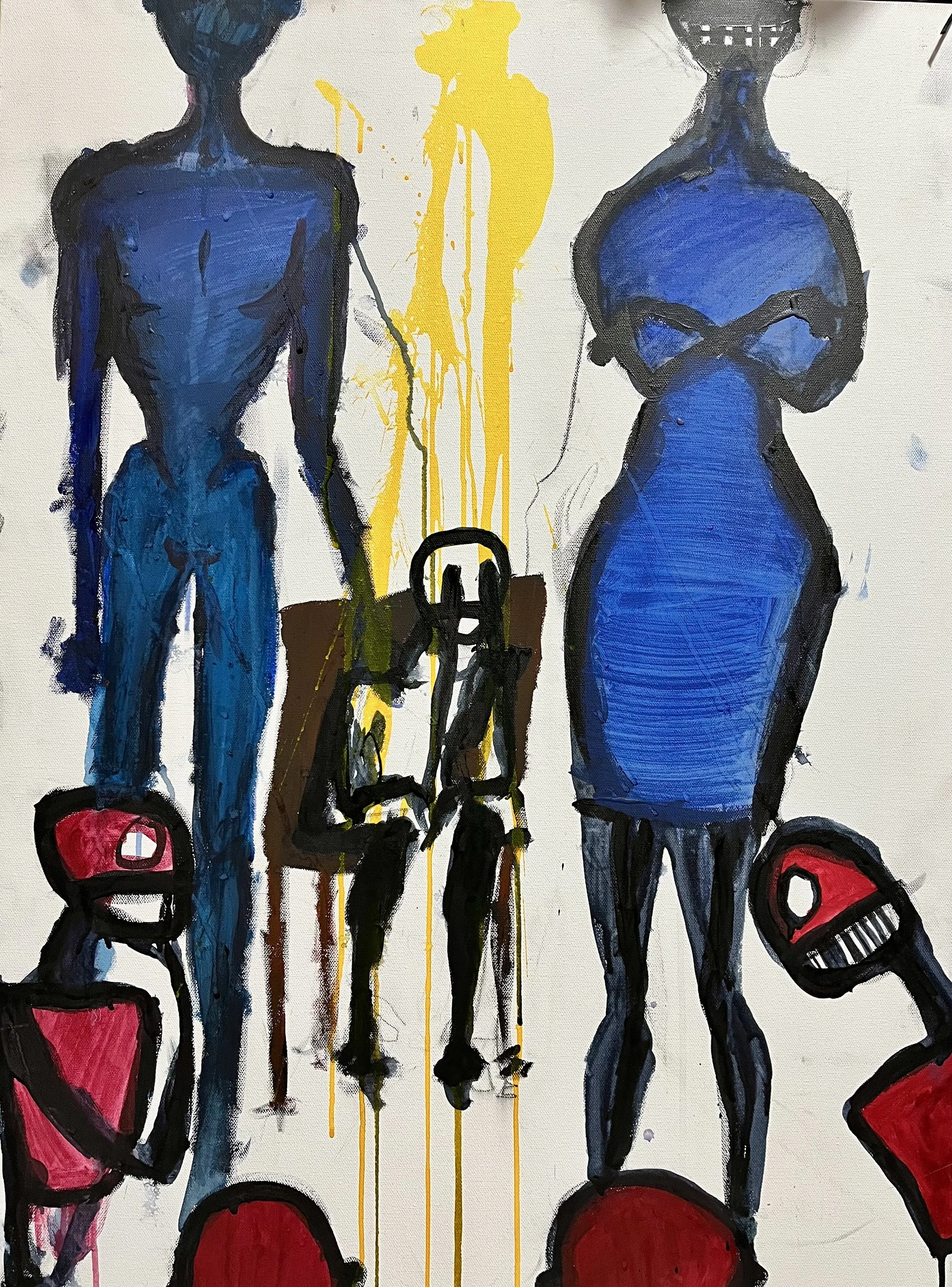 Abstract painting featuring two human figures, one male on the left and one female on the right, painted in blue with black accents. The figures are surrounded by red shapes and abstract elements, with splashes of yellow and brown.