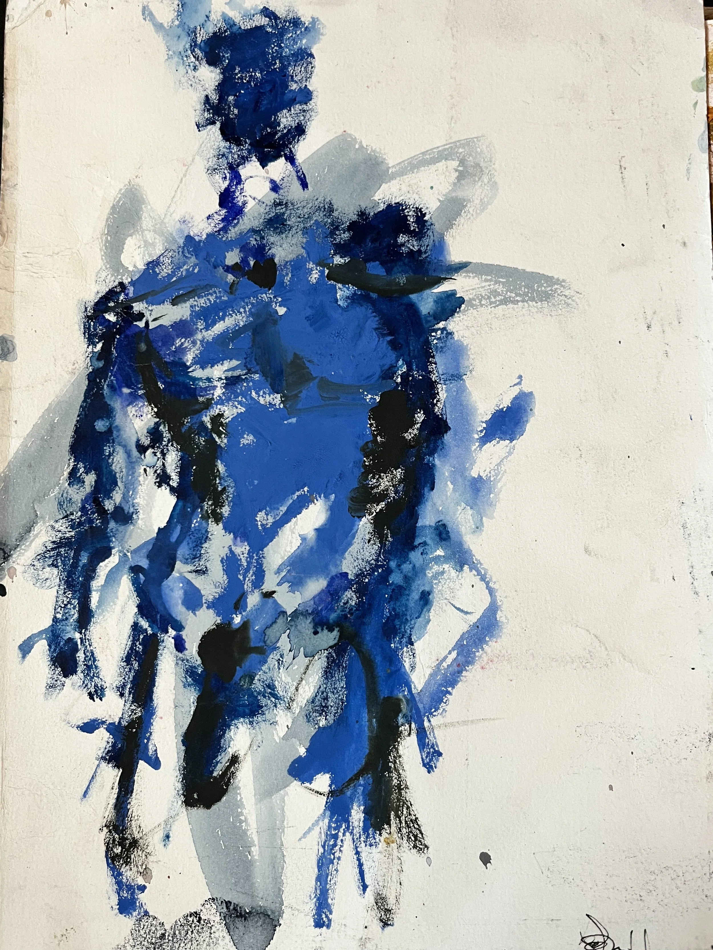 Abstract painting with shades of blue, black, and gray on a white canvas.