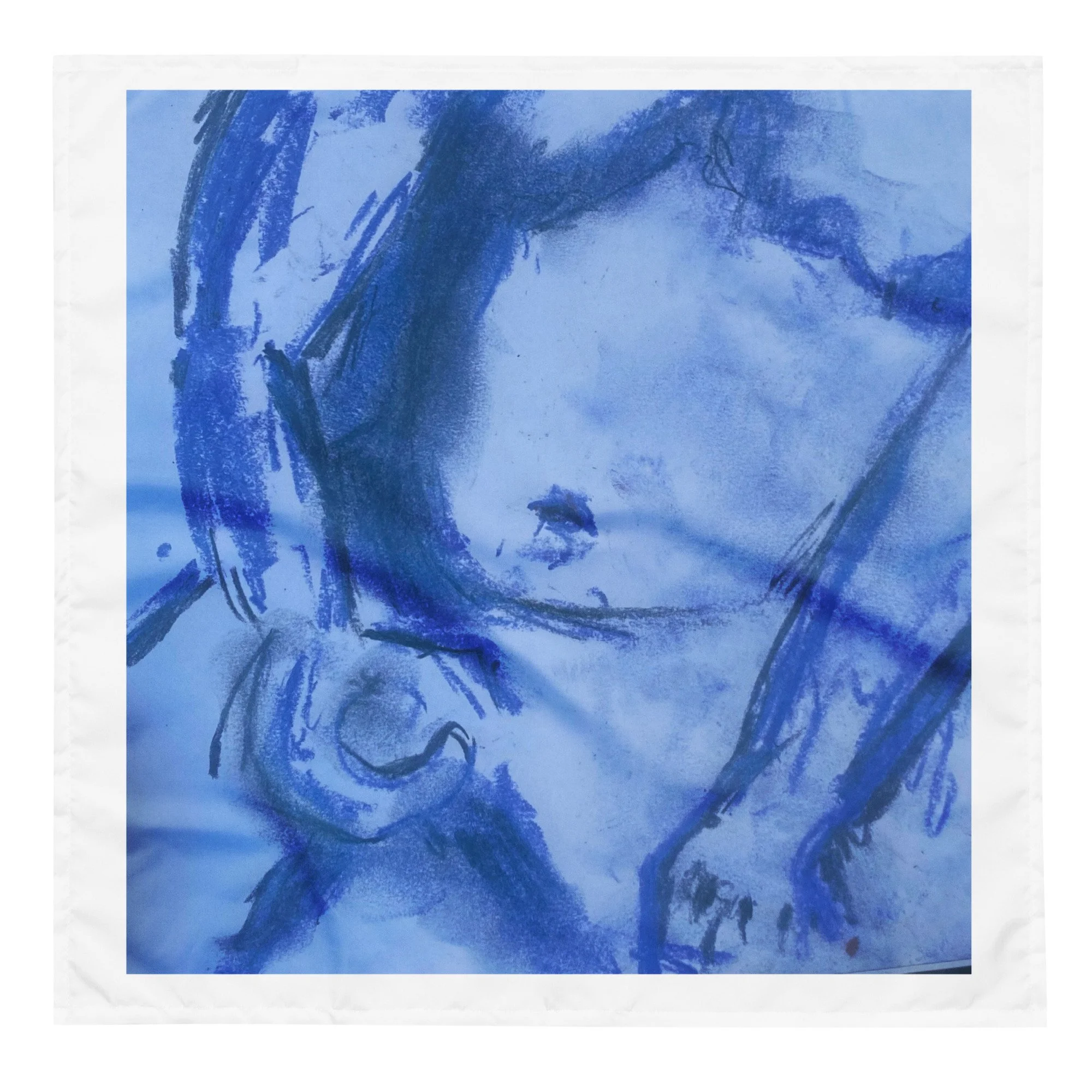 Blue-toned abstract portrait of a woman's face with long hair, created with loose, expressive brushstrokes.