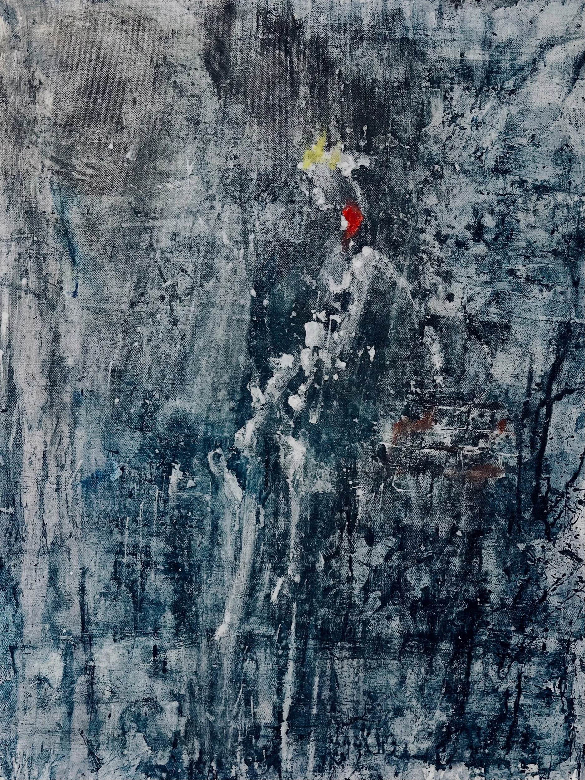 Abstract painting with dark blue, black, and gray textures, with small splashes of white, red, and yellow.