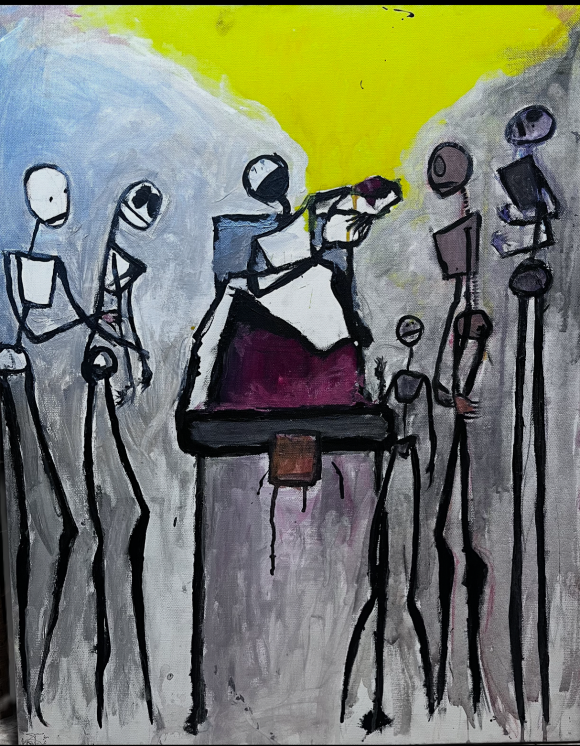An abstract painting of a group of elongated figures with round heads, gathered around a podium with a figure standing at the top, holding a paper and pointing. The background features a gradient from yellow to gray.