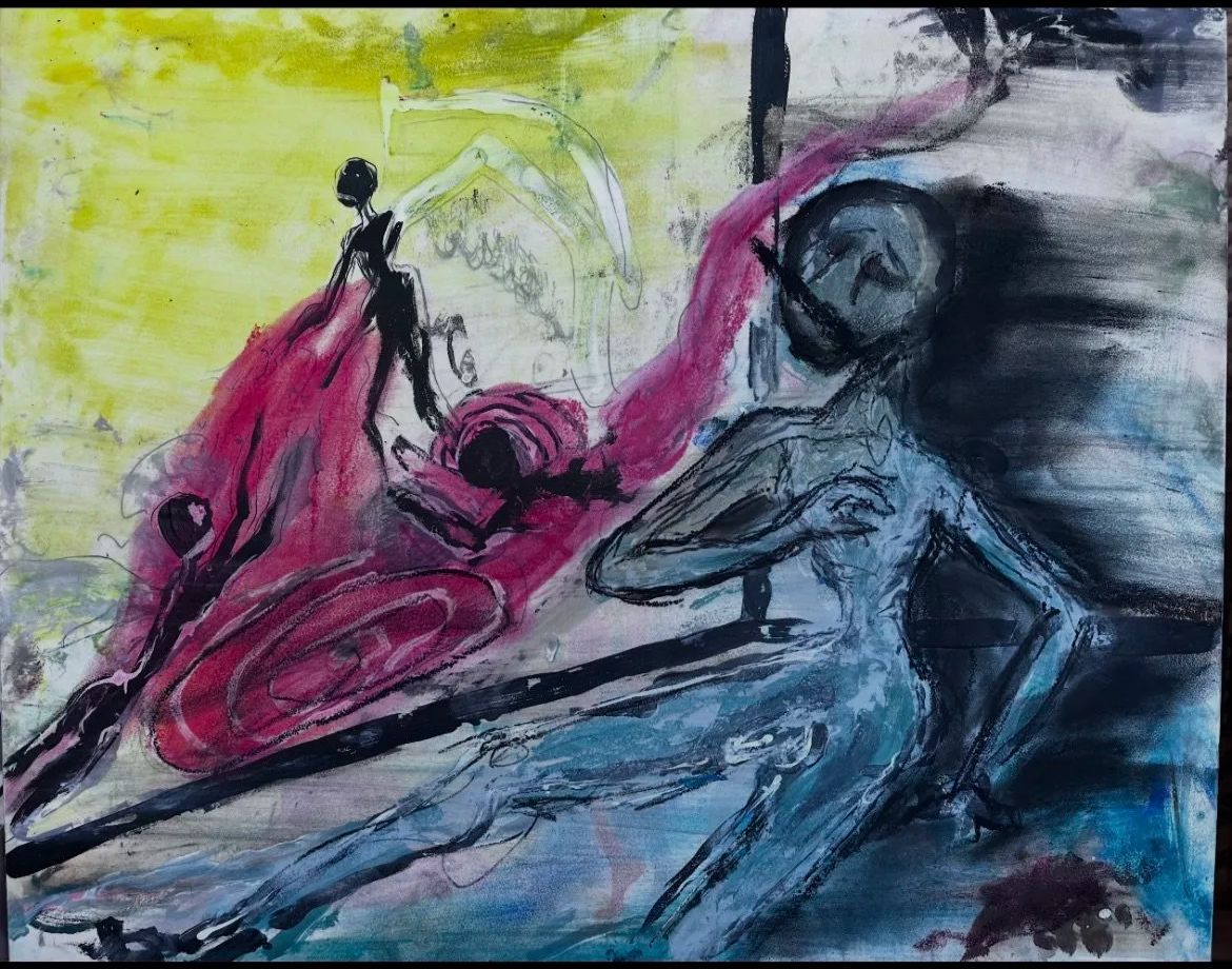 An abstract painting featuring a large female figure in the foreground with arms crossed, rendered in blue and gray tones. In the background, there are multiple smaller black figures on a pink and yellow background, with one standing on a hill. The s