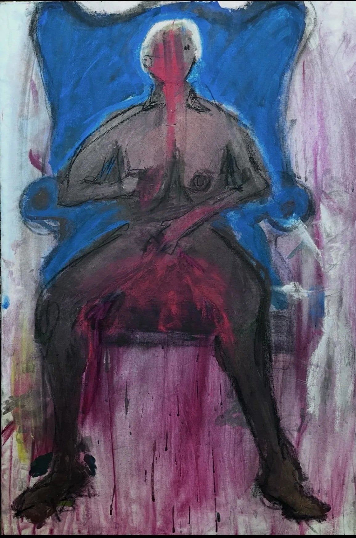 An abstract painting of a seated, partially nude person with a halo around their head, using bold colors like blue, pink, and black.