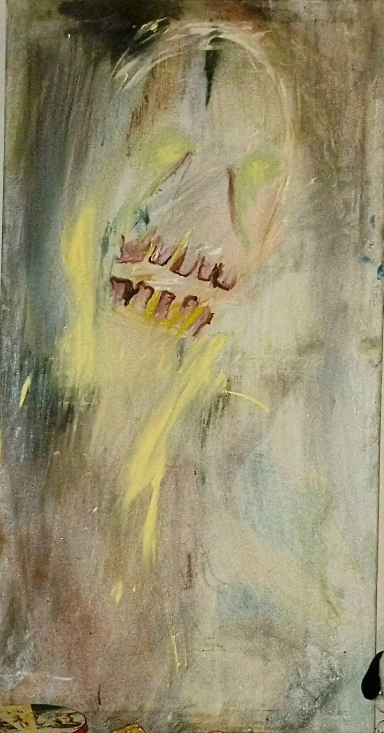 Abstract painting of a person's face with green eyes, blonde hair, and a hand near the face, using muted earthy tones with hints of yellow.