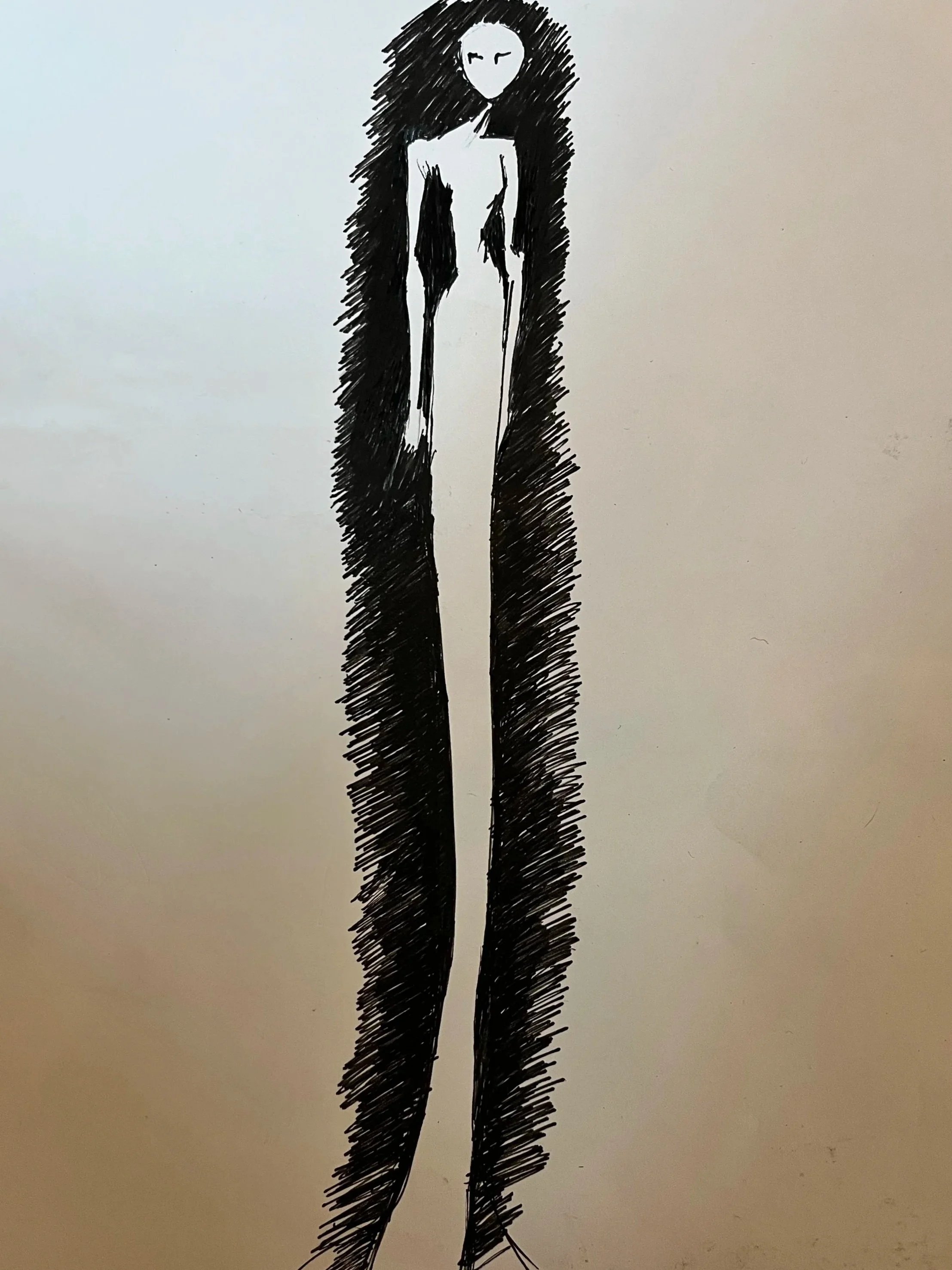 Stylized black and white drawing of a tall, elongated woman with a round face, long limbs, and draped black hair, standing against a white background.