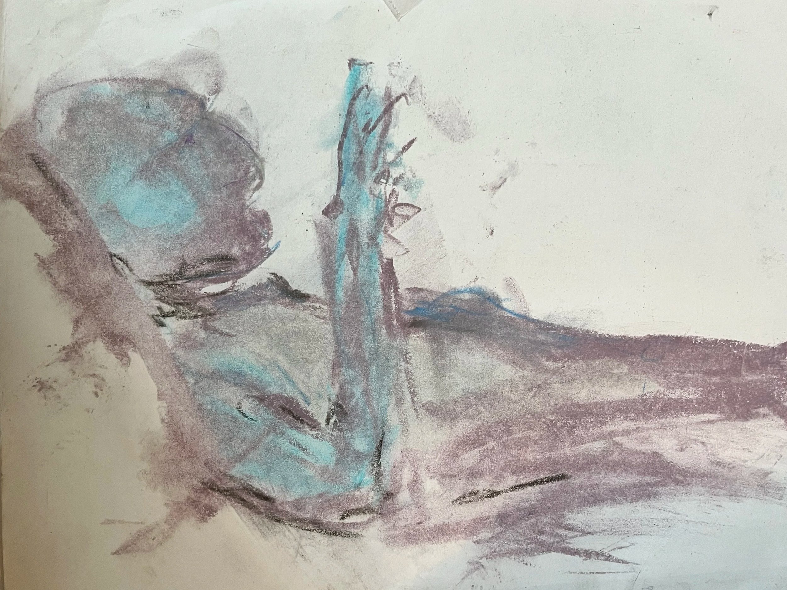 Abstract watercolor of a hand holding a shell, with blue and purple tones on textured paper.