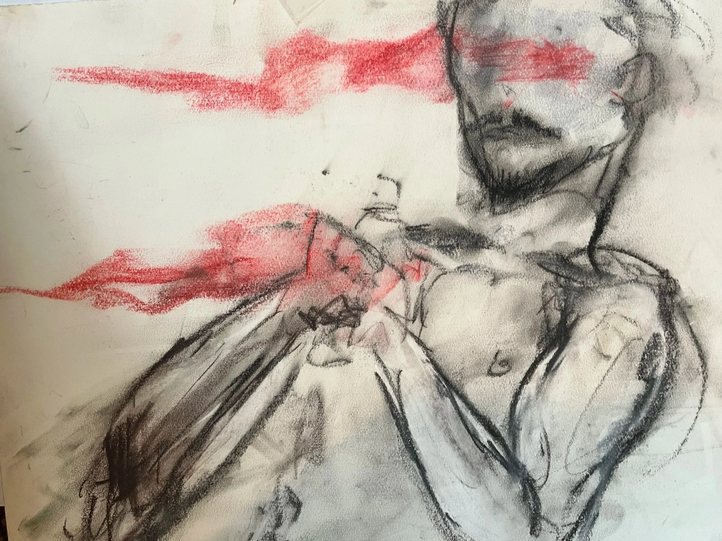 A sketch of a person holding a red object, with abstract red and black strokes, some of which resemble a face with a beard and closed eyes.