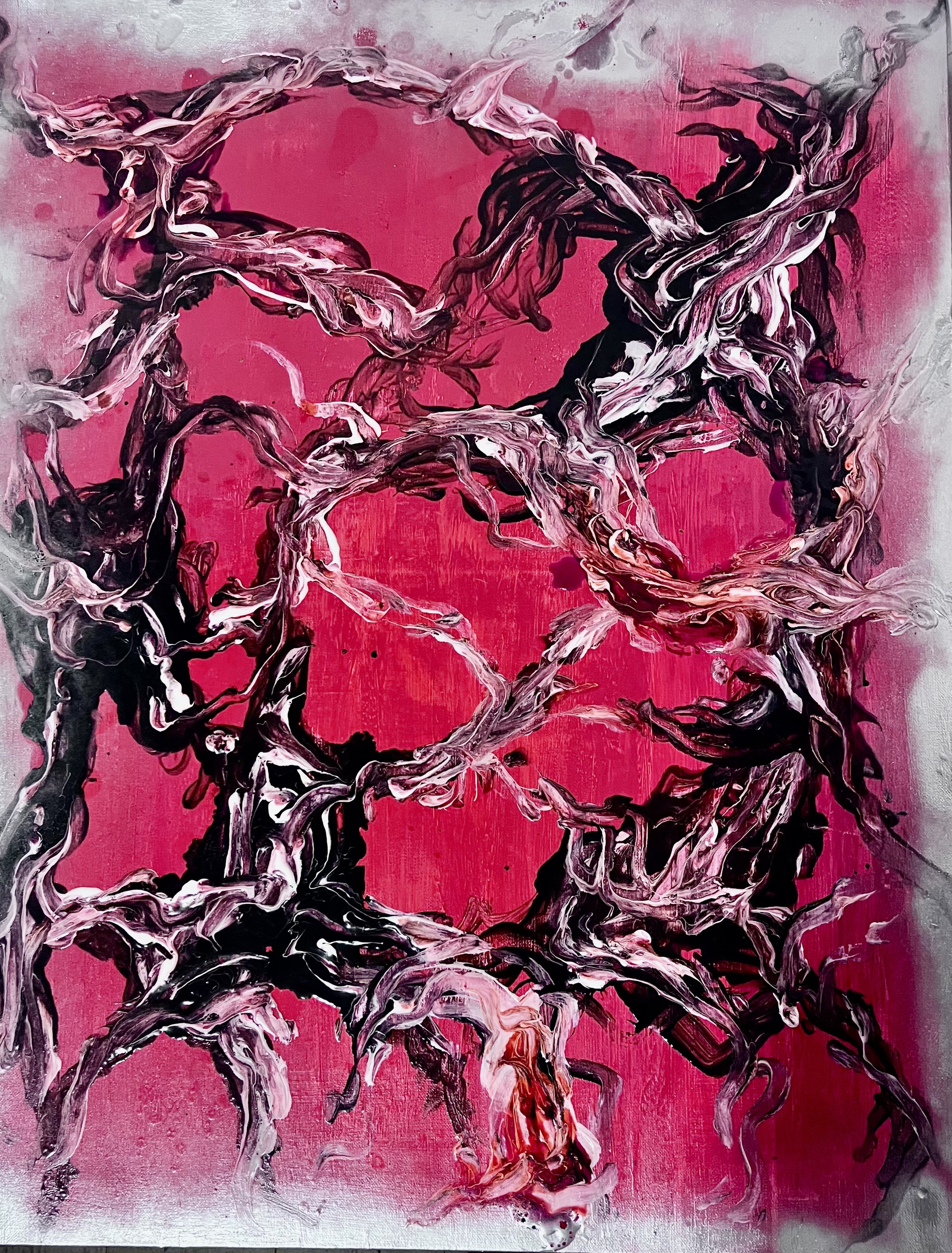 Abstract painting with pink background and swirling black, white, and pink brushstrokes.
