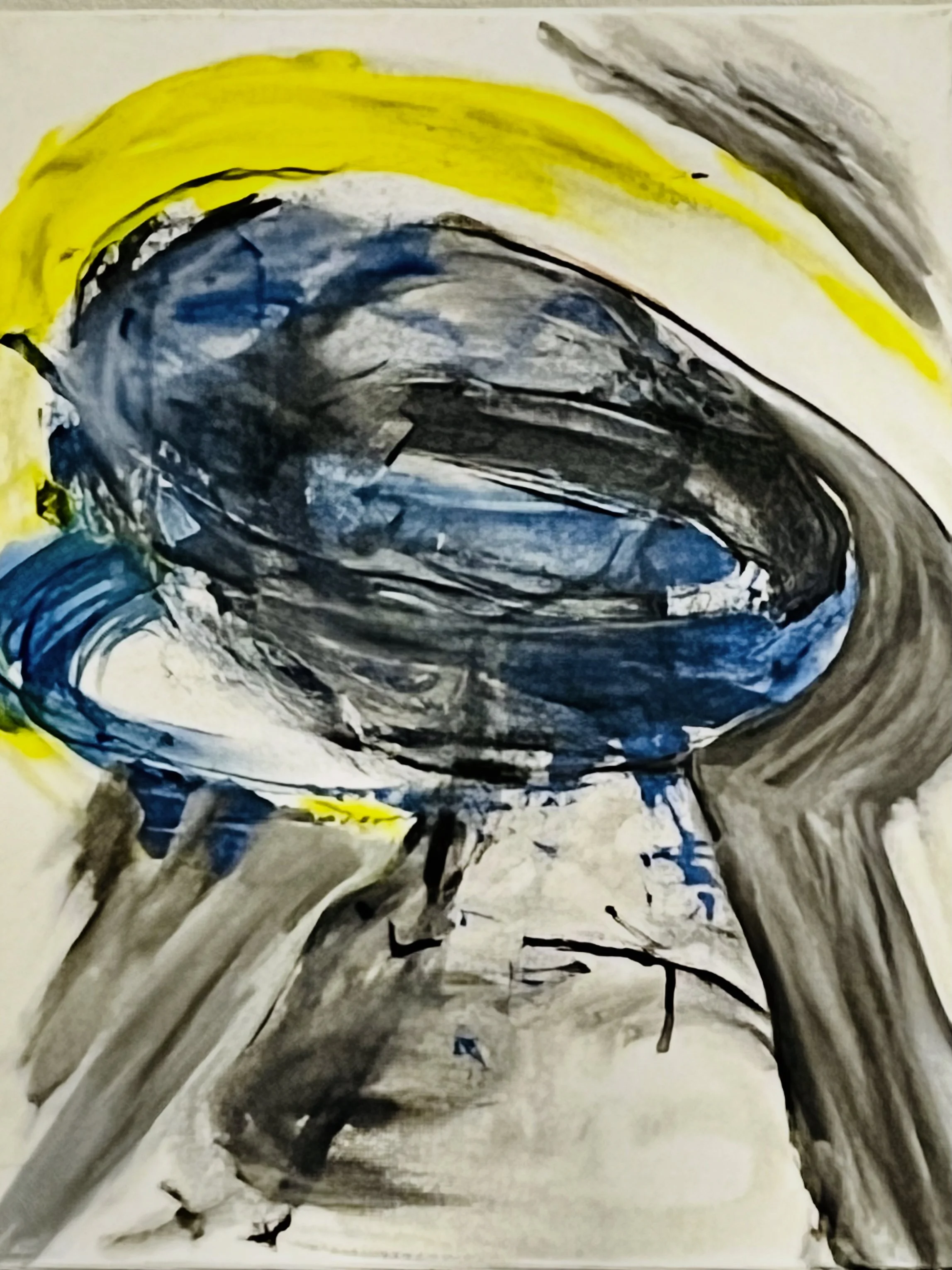 Abstract painting with bold strokes of yellow, blue, black, and gray colors.