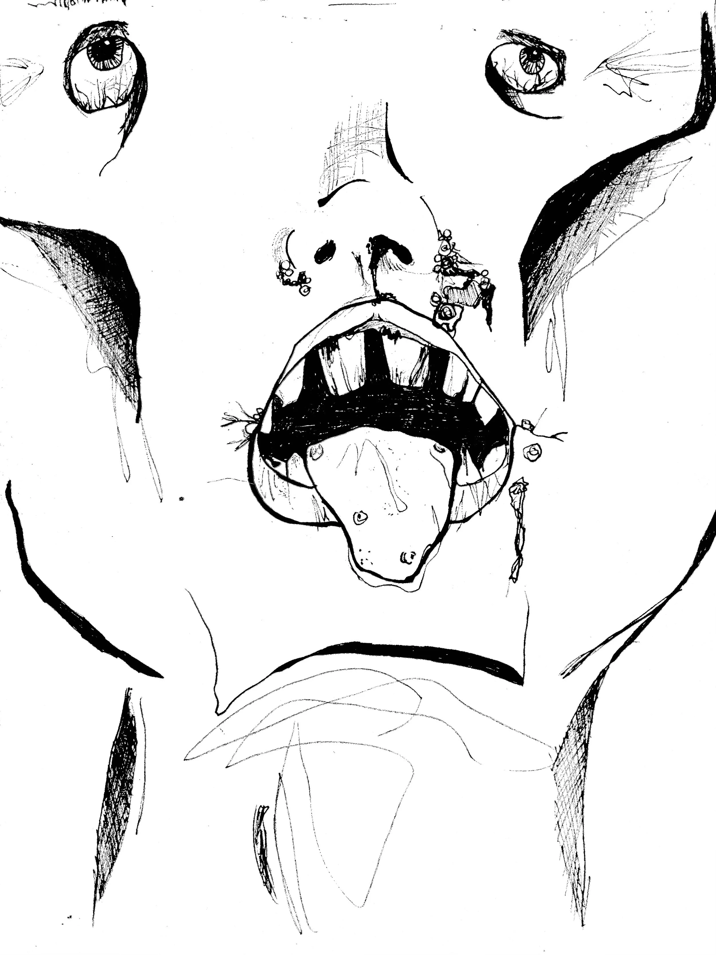 Black and white sketch of a person's face, with their mouth open, tongue out, and eyes wide open.