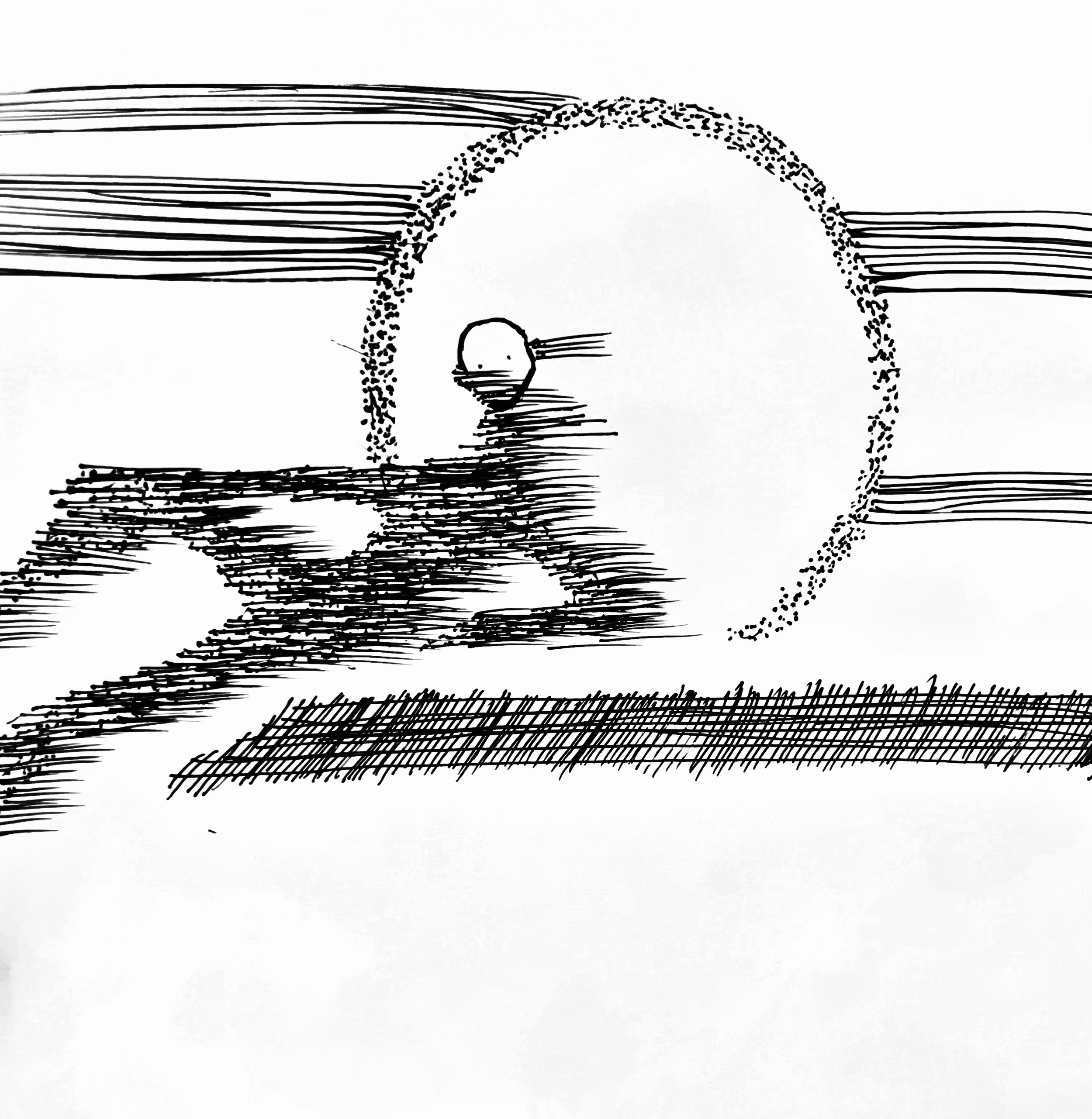 A black-and-white sketch of a landscape featuring a large circular shape, possibly the sun or moon, reflecting on a body of water. There are horizontal lines in the sky, and the ground has textured, cross-hatched shading.
