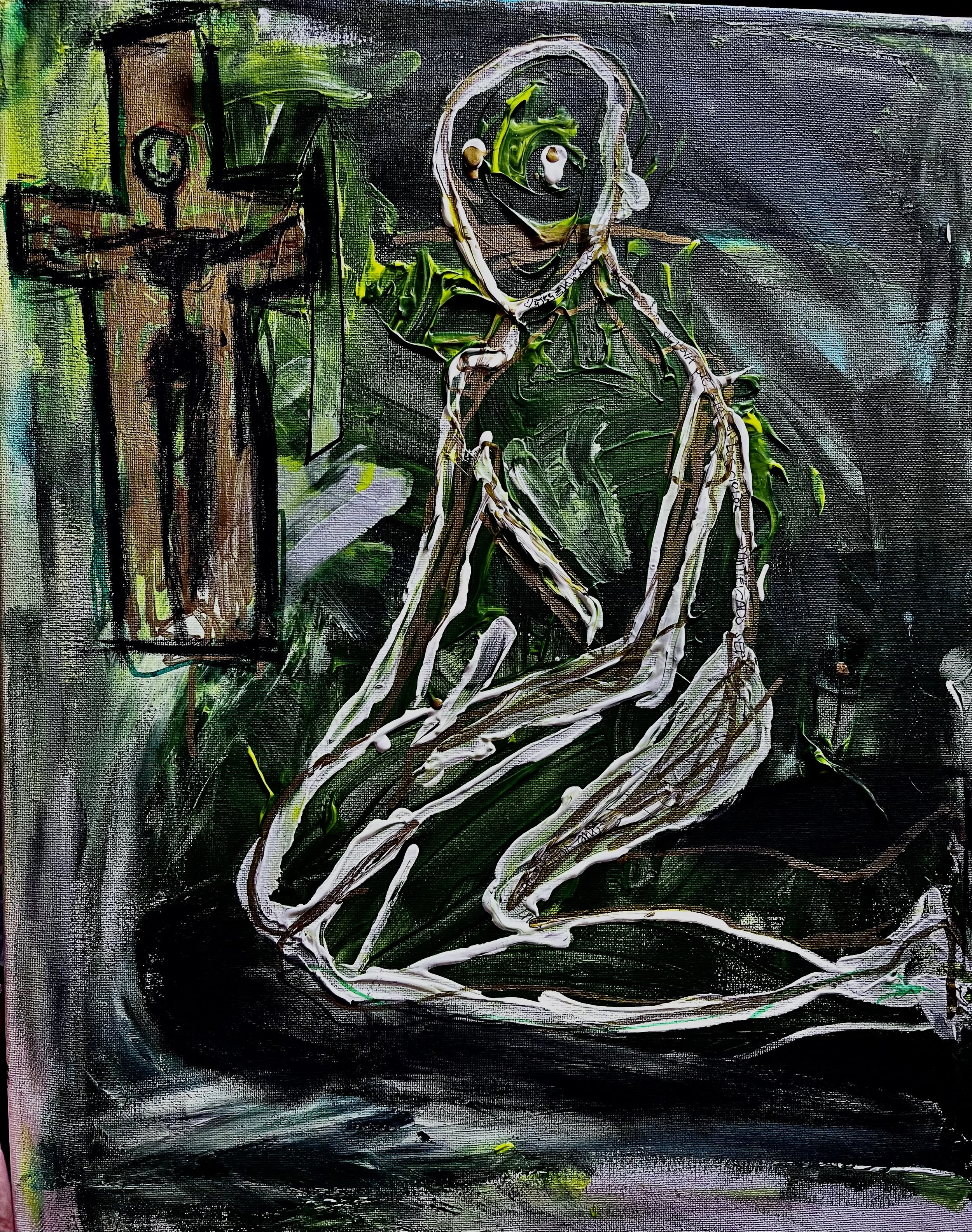 Abstract painting of a person sitting with arms crossed and head resting on hands, created with thick white and green paint strokes, with dark background and hints of color.