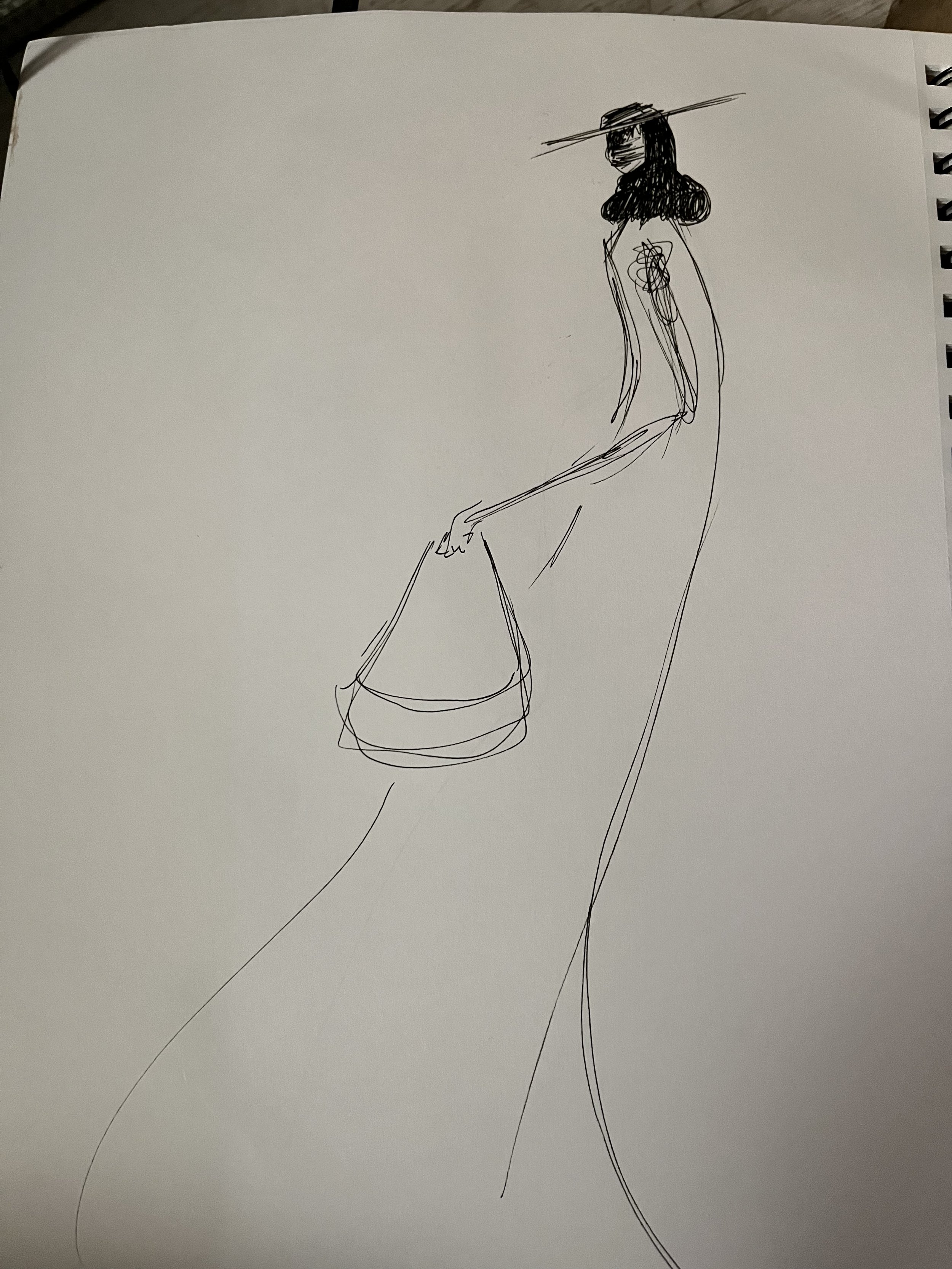 Line drawing of a woman sitting, wearing a large-brimmed hat, sunglasses, a long dress, and holding a round handbag.
