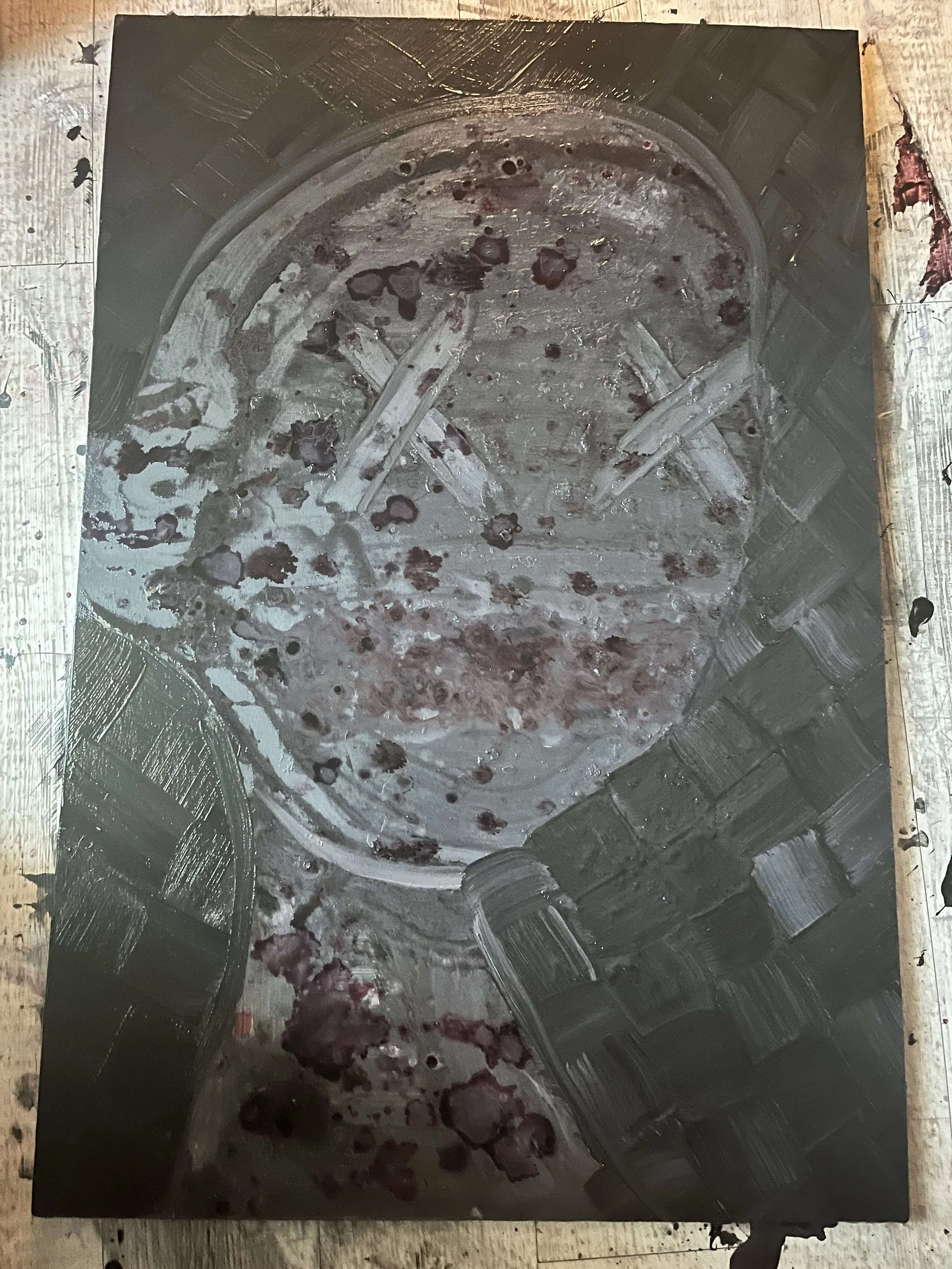 Abstract painting on canvas depicting crumpled aluminum foil, dark red and black paint splatters, and textured black brushstrokes surrounding the central metallic area.