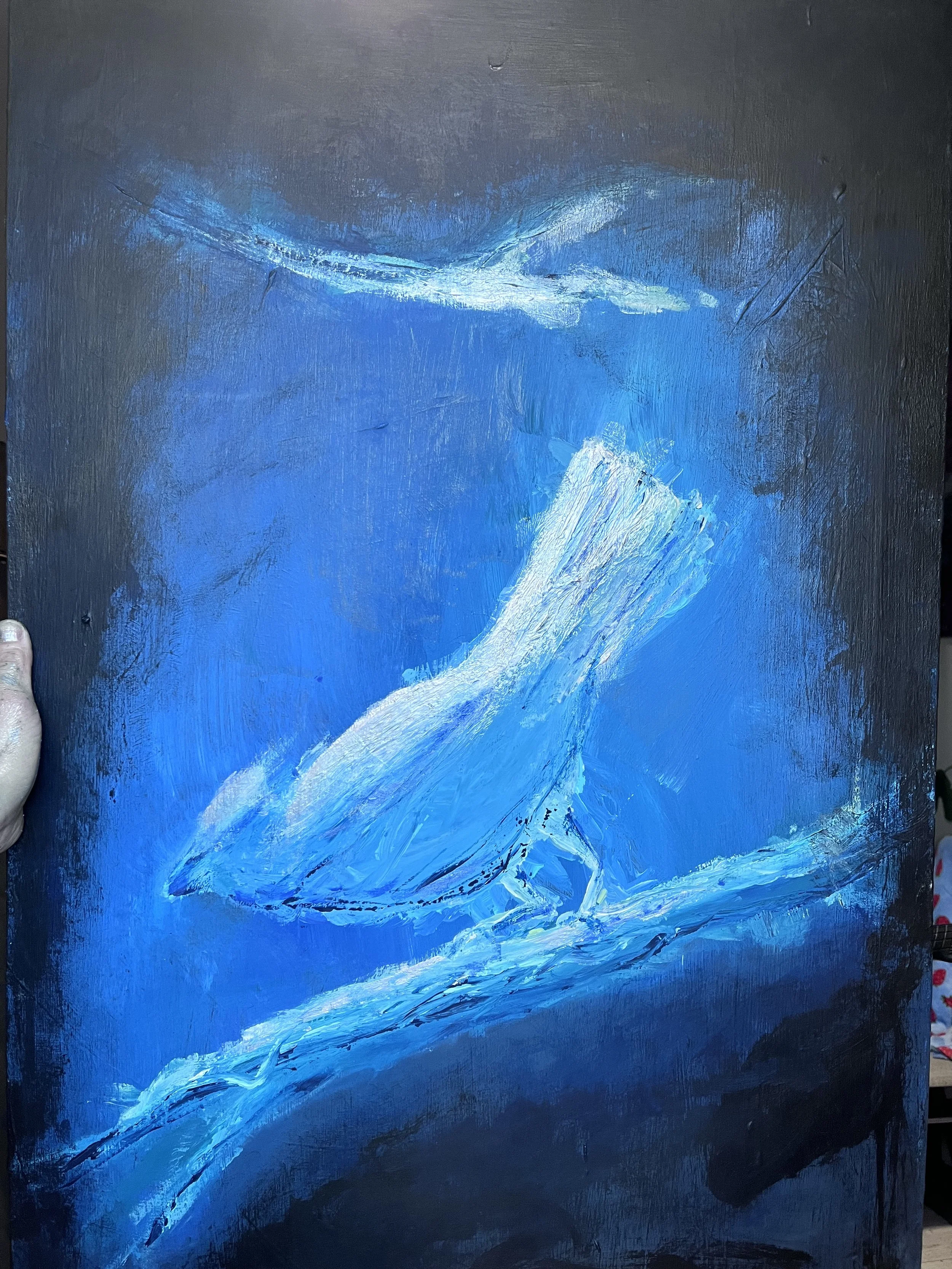 Blue and black abstract painting of a bird perched on a branch.