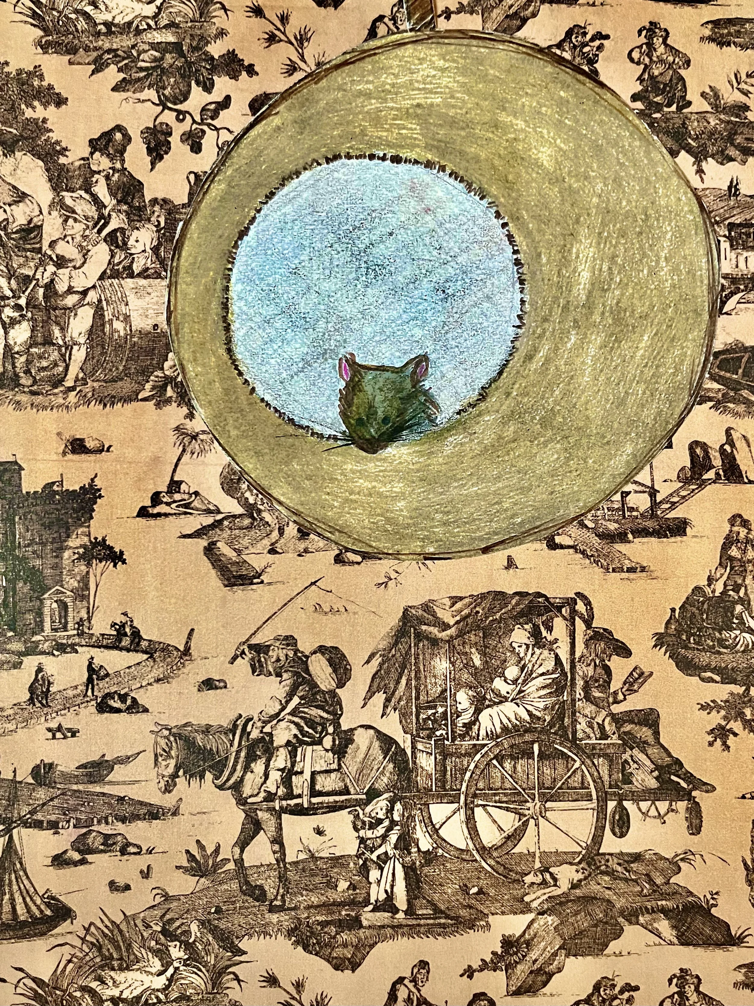 A mouse peeking out from the inside of a food bowl, with a vintage illustration background depicting historical scenes of people and horses.