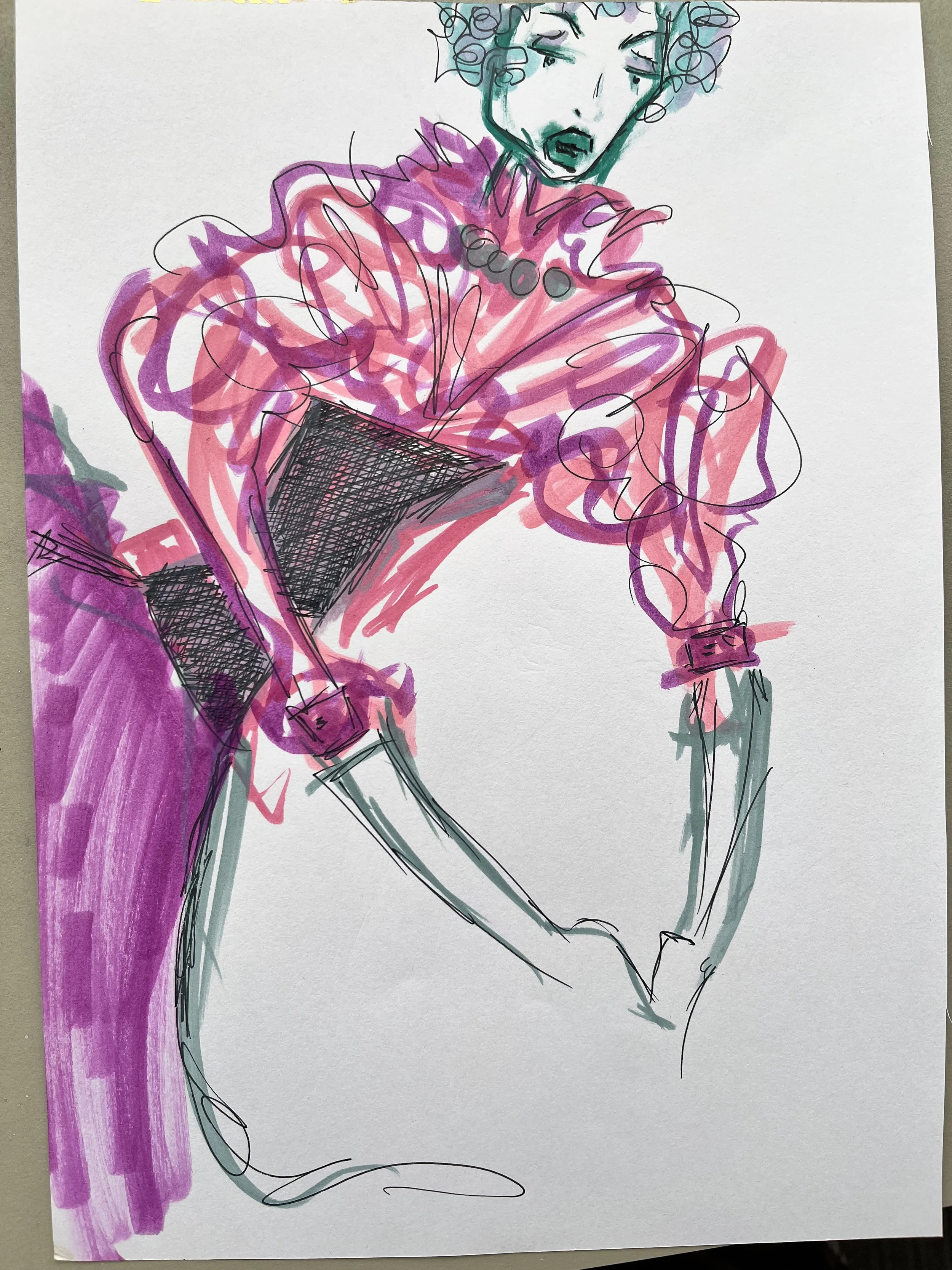 A stylized fashion illustration of a woman with curly hair, wearing a pink ruffled top, black fishnet stockings, and a purple skirt, with her face showing an expressive, dramatic pose.