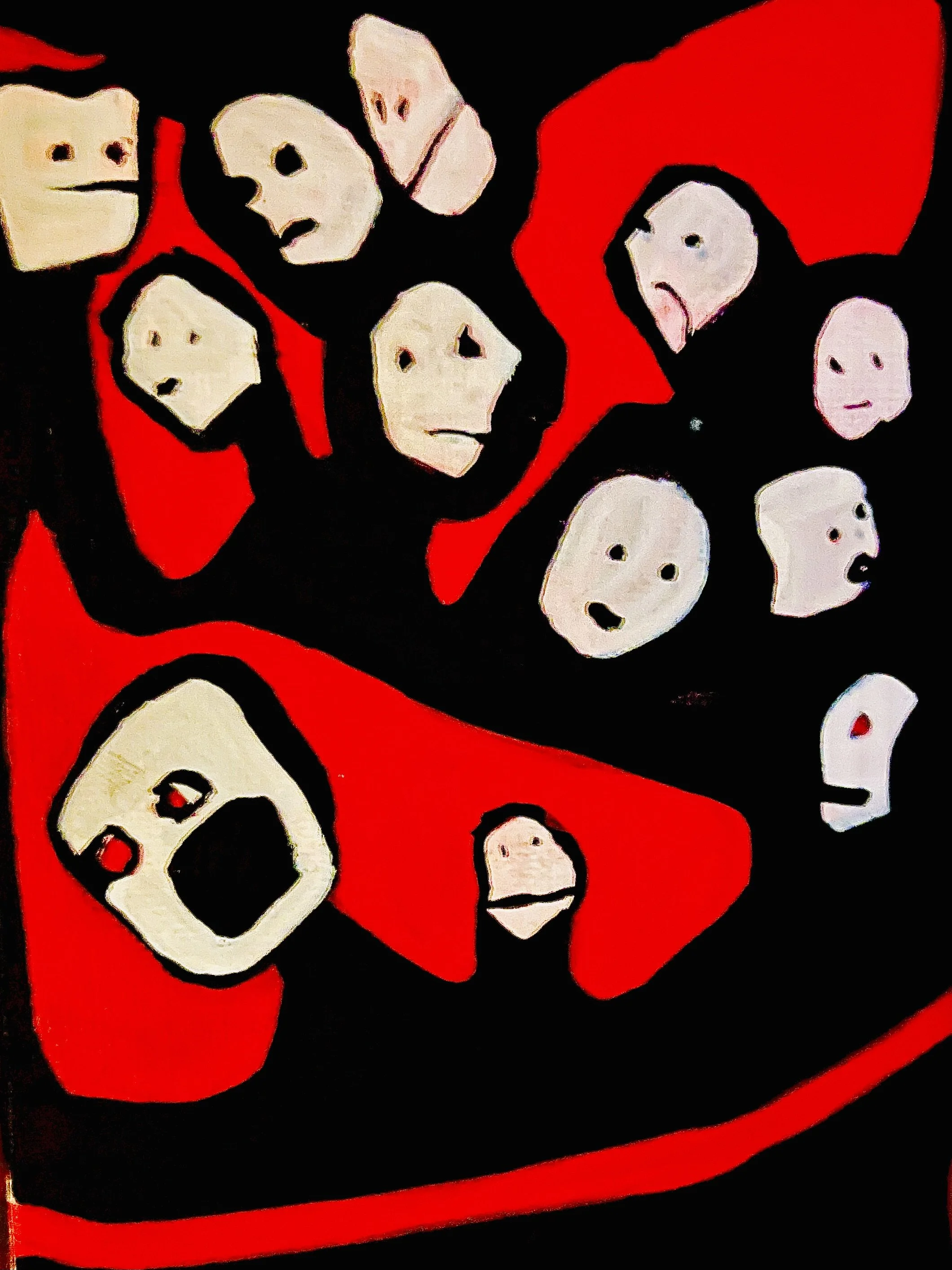 Abstract artwork with multiple white faces with black outlines and features set against a red and black background.