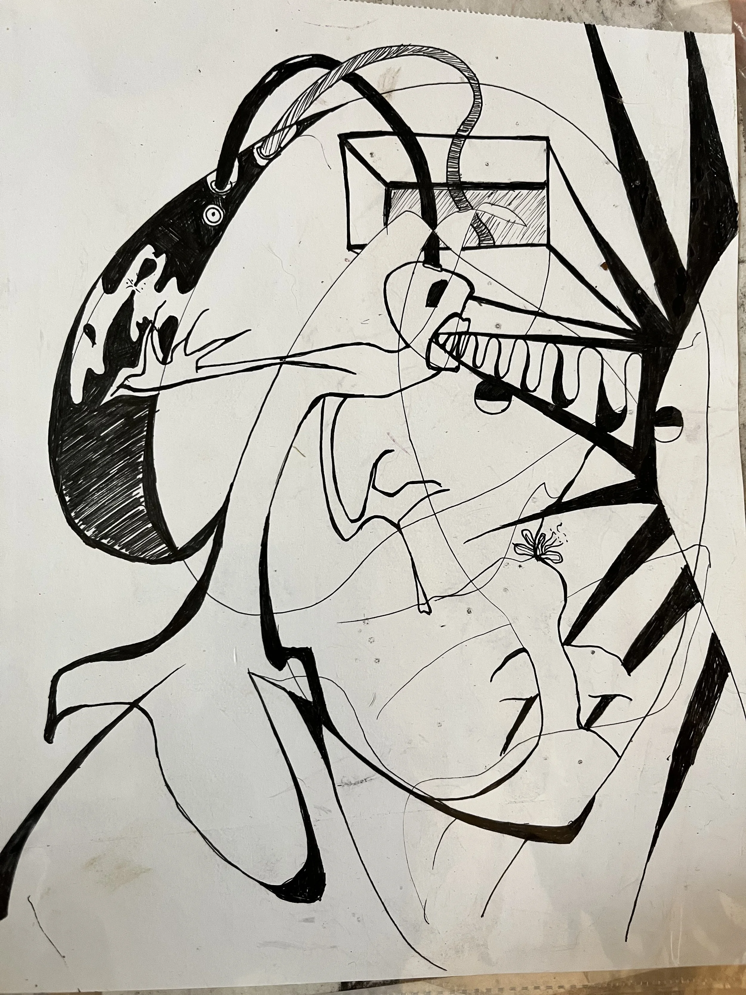 Abstract black-and-white line drawing featuring interconnected shapes, electrical wires, and a tentacled creature.