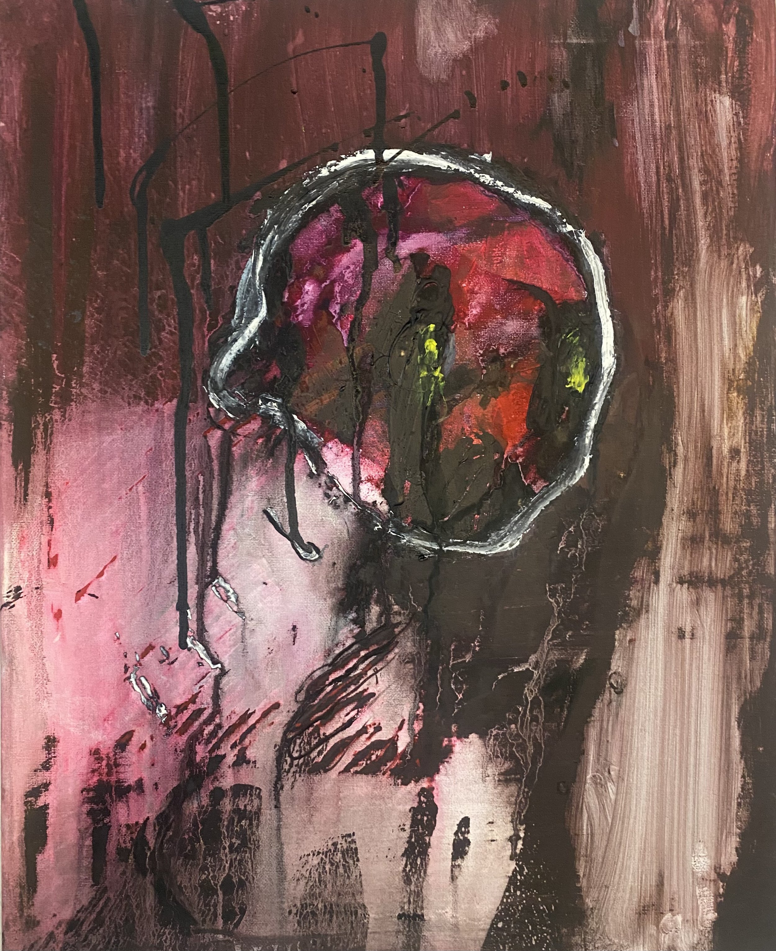 Abstract painting of a human head with a focus on the brain, featuring various colors including red, black, white, and hints of yellow, with expressive brushstrokes and drips.