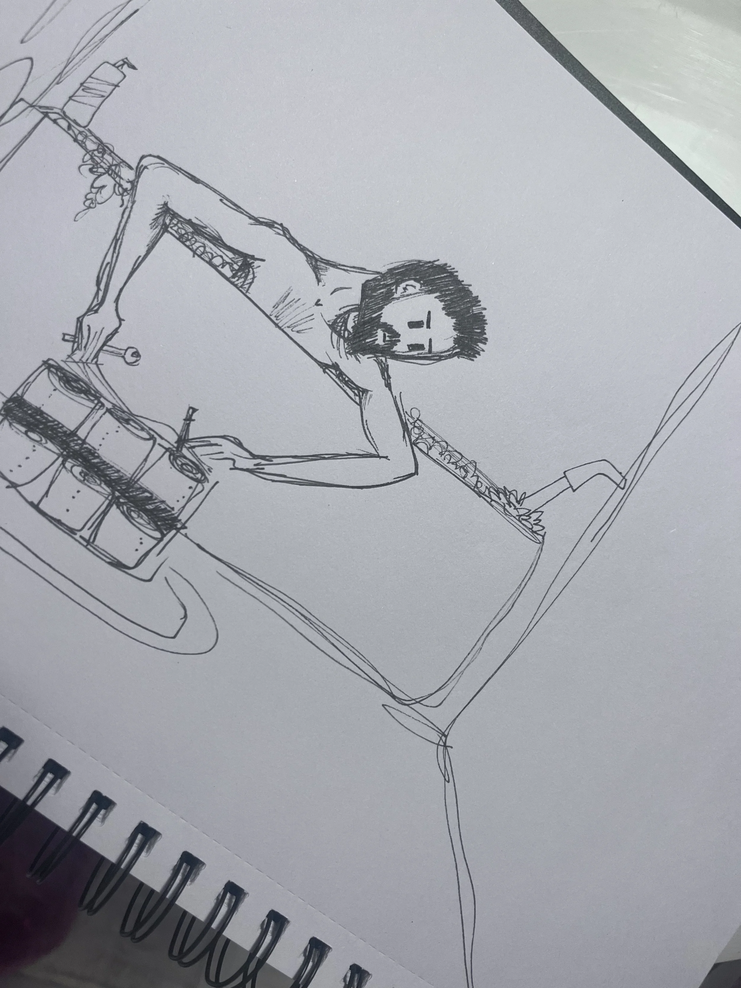 A sketch of a woman with curly hair taking a selfie in front of a mirror, standing at a bathroom counter with toiletries.