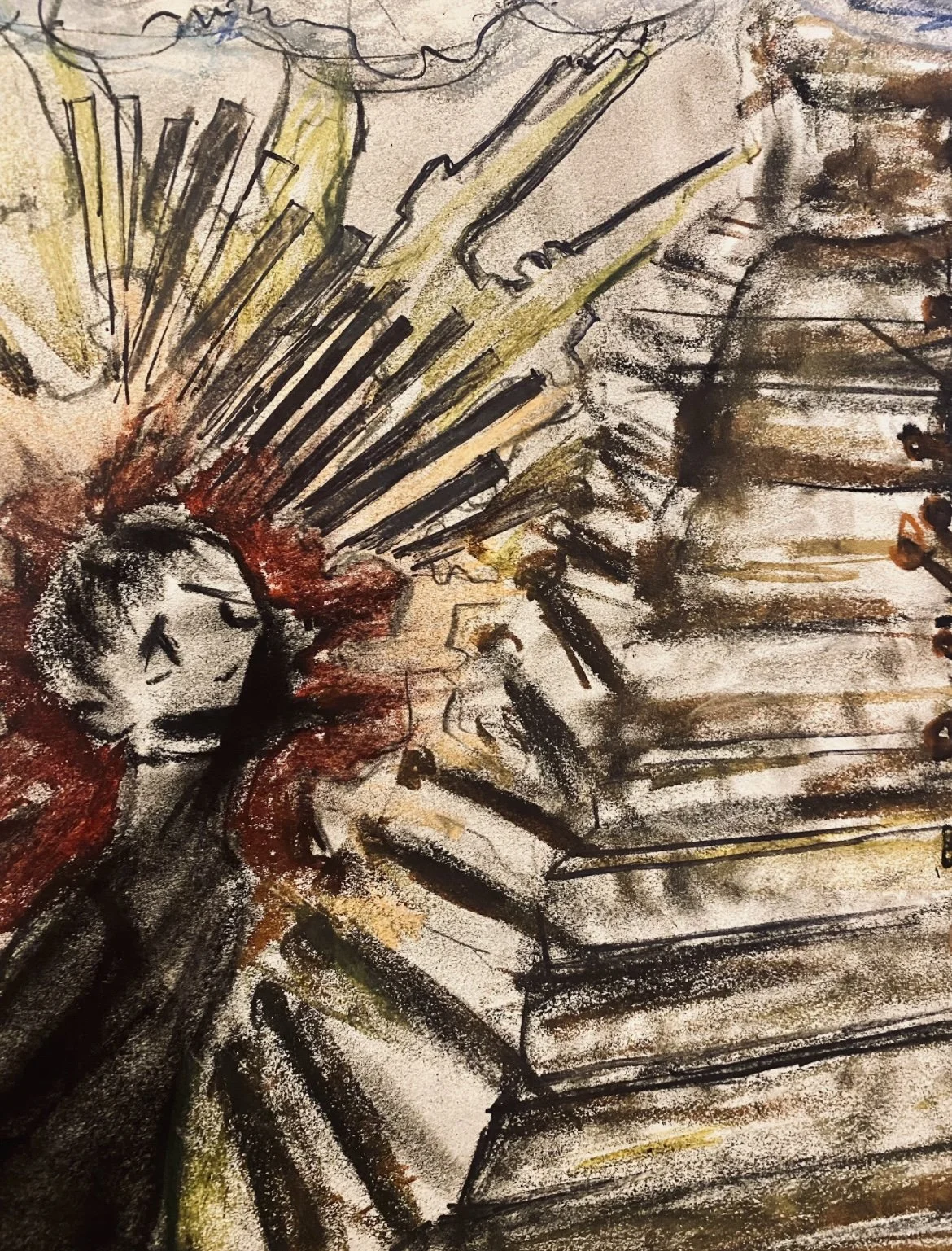 A child with closed eyes, playing a piano with colorful, expressive strokes surrounding them.