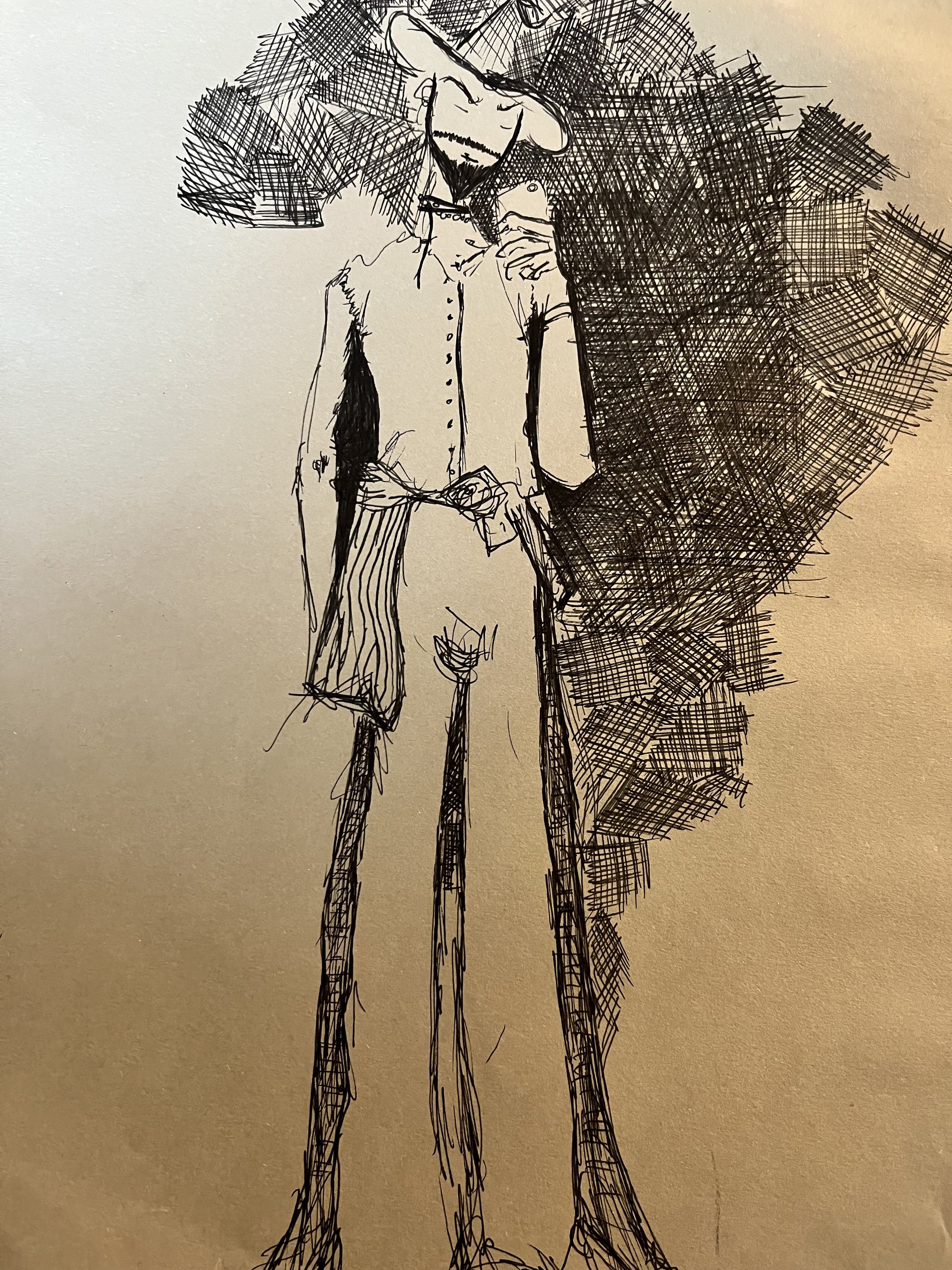 A sketch of a man wearing a cowboy hat, with a mustache, in a collared shirt and bell-bottom pants, holding a cigarette.