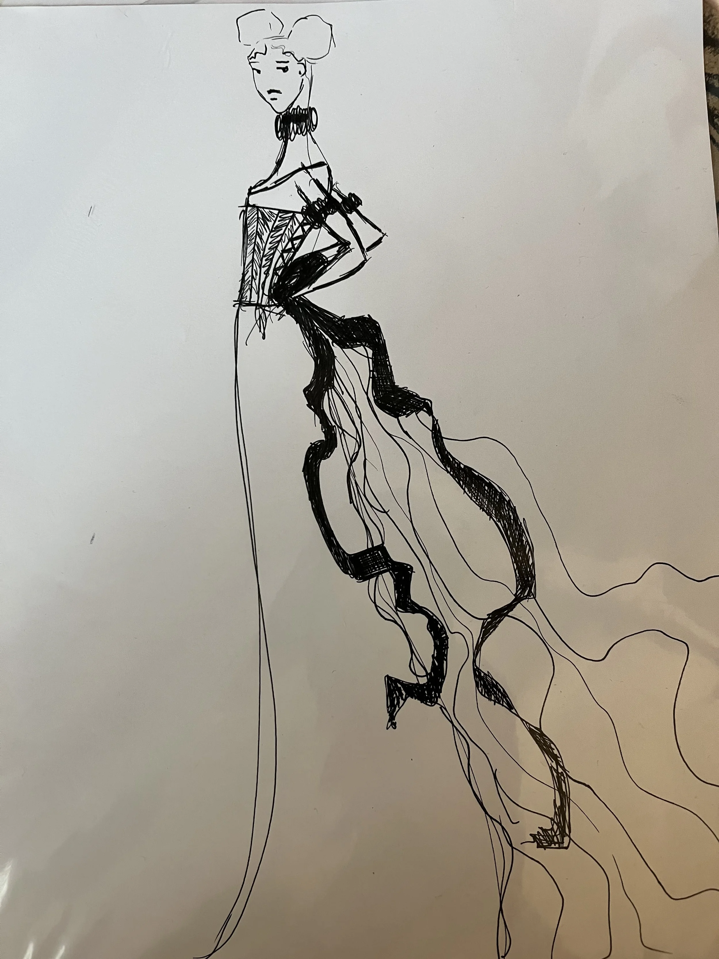 Stylized black ink drawing of a woman with elaborate hair, wearing a corset and gloves, standing on a flowing, abstract background.