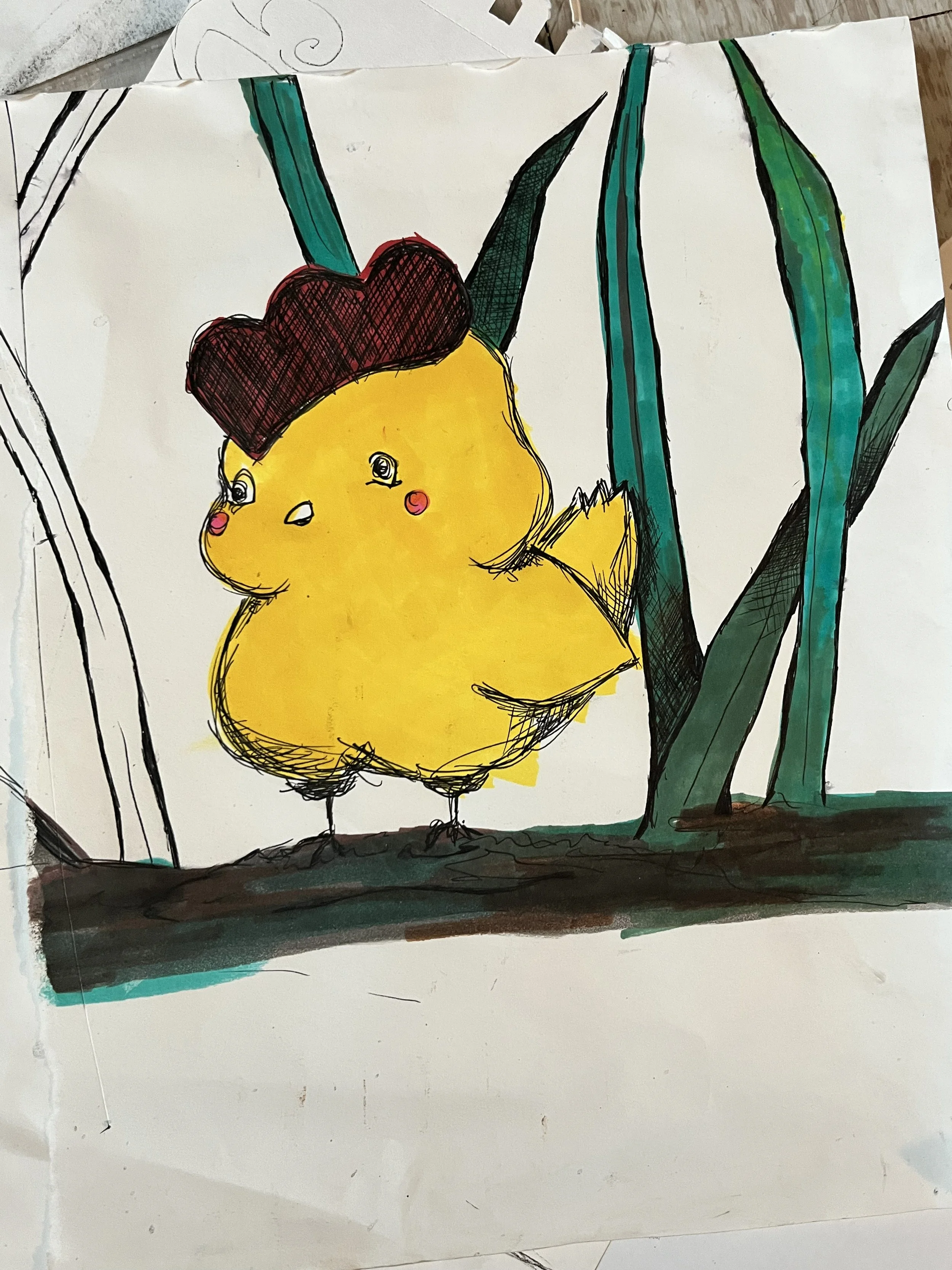 Colorful drawing of a cute, cartoon-style yellow chick with a dark red comb on its head, standing among tall green plants.