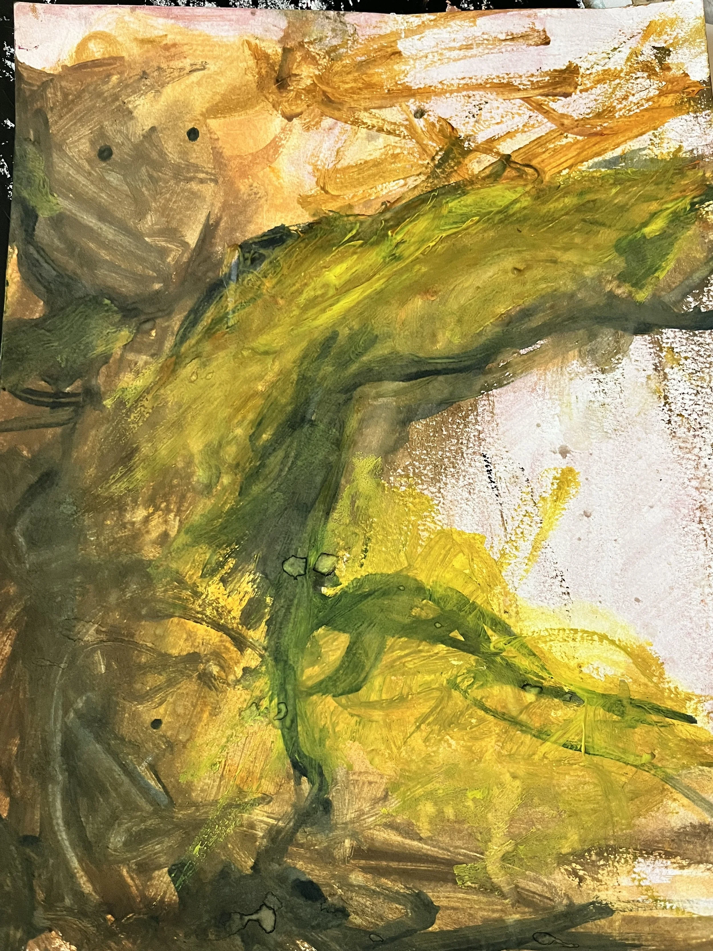 Abstract painting featuring a large green and yellow brushstroke with darker accents, background in warm earth tones with orange and brown hues.