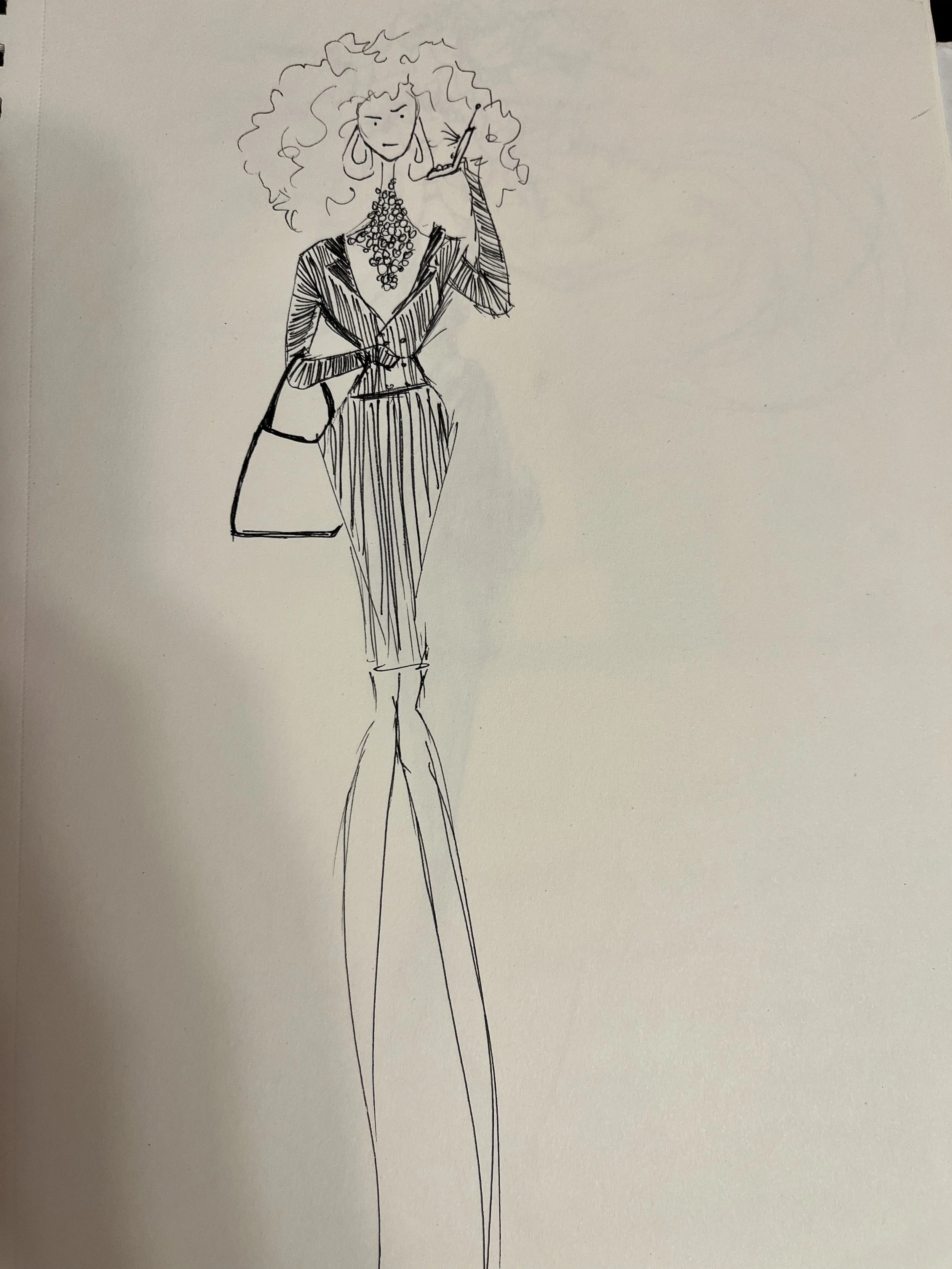 Fashion illustration of a woman with voluminous curly hair, wearing a striped blazer, striped pants, and accessorized with earrings, a necklace, and holding a cigarette and bag.