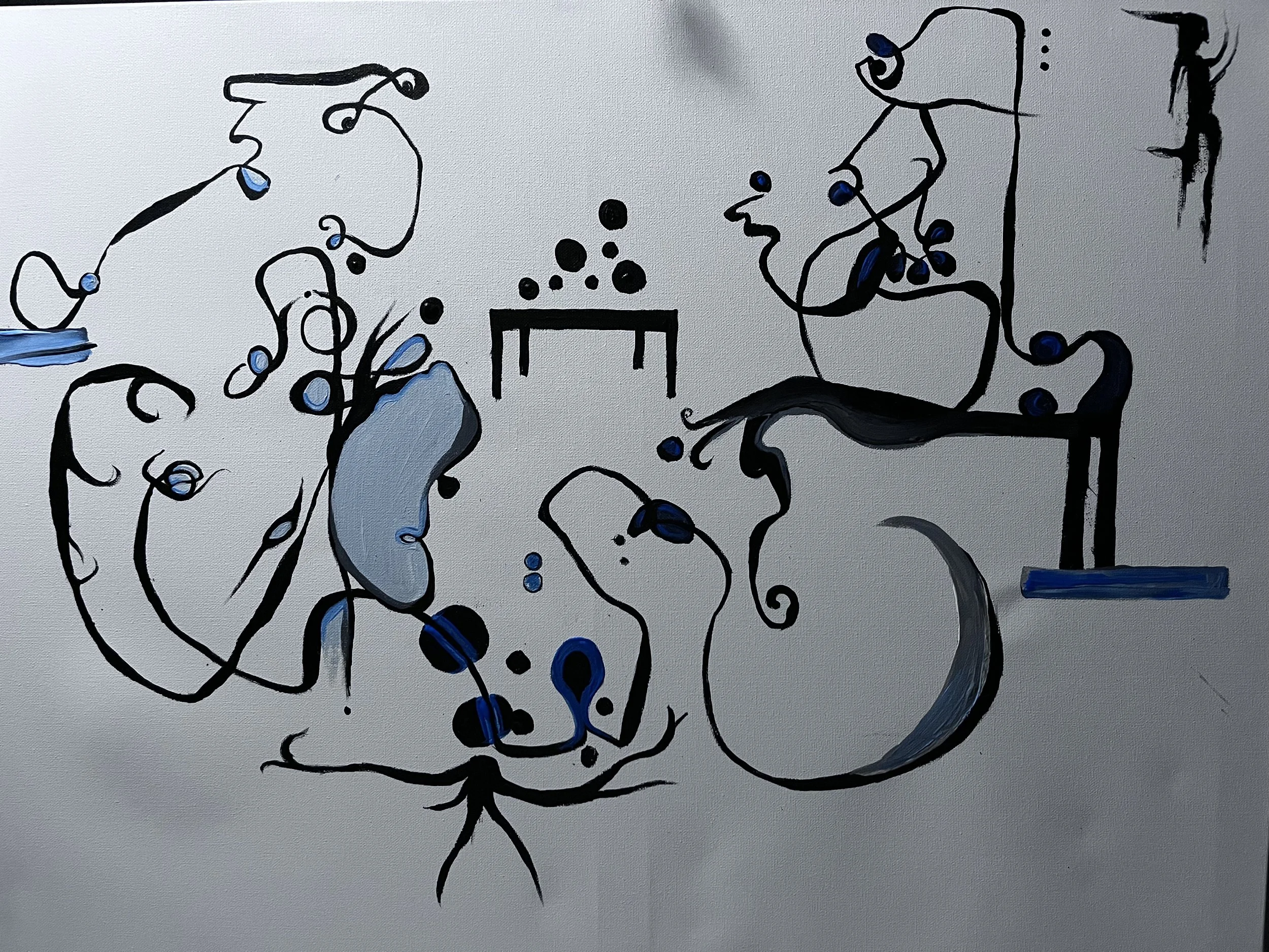 Abstract black line drawing with blue shaded areas depicting plants, a moon, a table with objects, and an oval shape on a gray background.