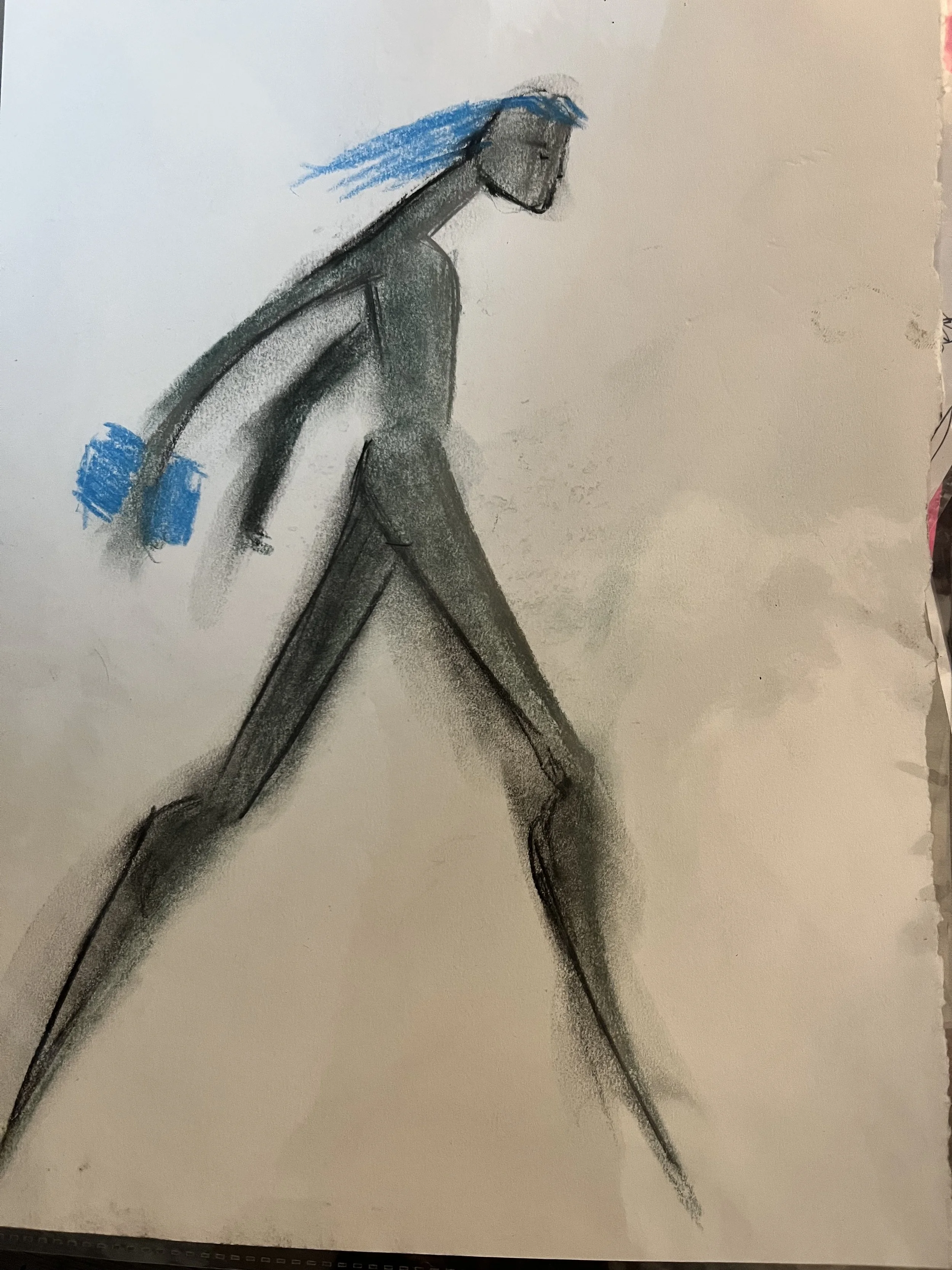 Sketch of a walking humanoid figure with blue hair and a blue tail.