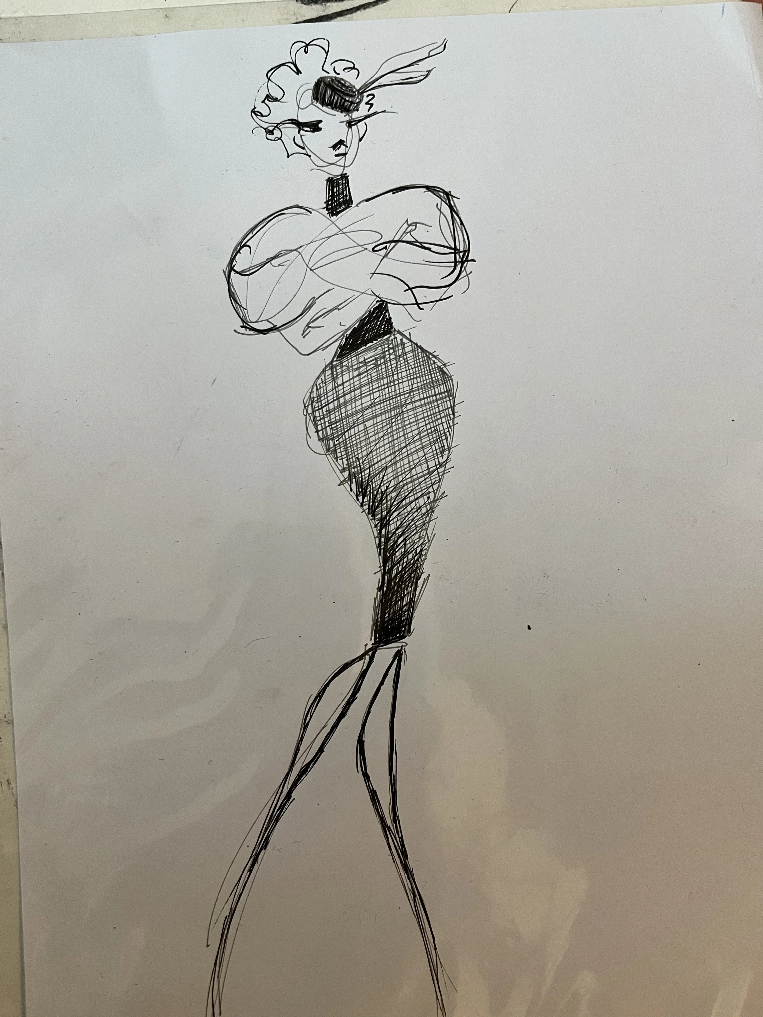 A black ink sketch of a fashionable woman with curly hair, wearing a puffed-sleeve top and fitted pants, standing with crossed arms.