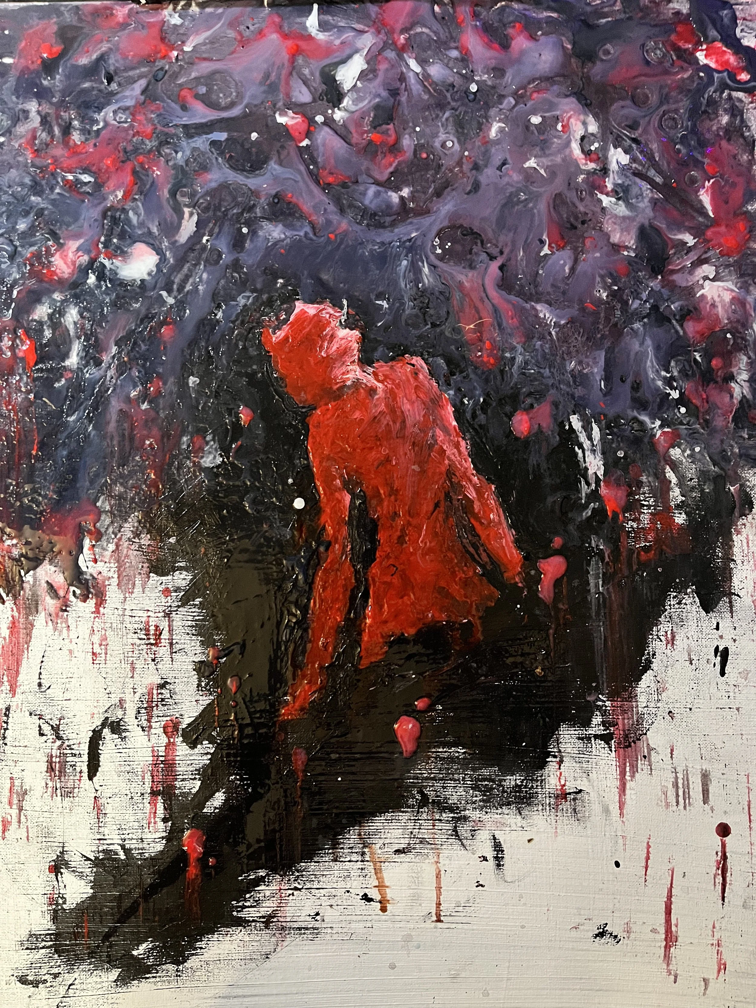 Abstract painting featuring a figure in a red dress against a dark, chaotic background with splashes of red and purple.