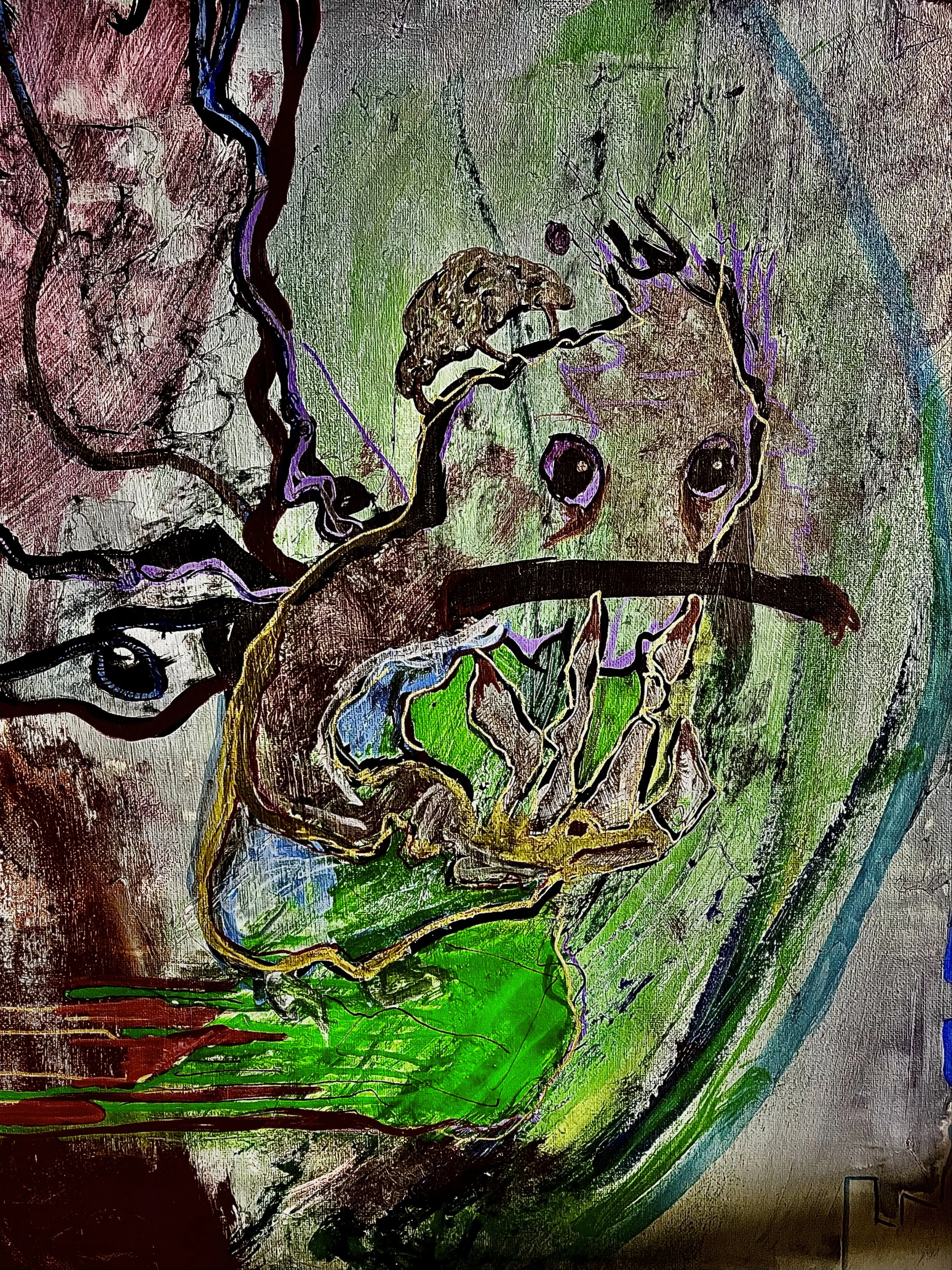 Abstract artwork featuring a dragonfly with large eyes, a segmented body, and wings, set against a textured, colorful background with green, pink, and purple hues.