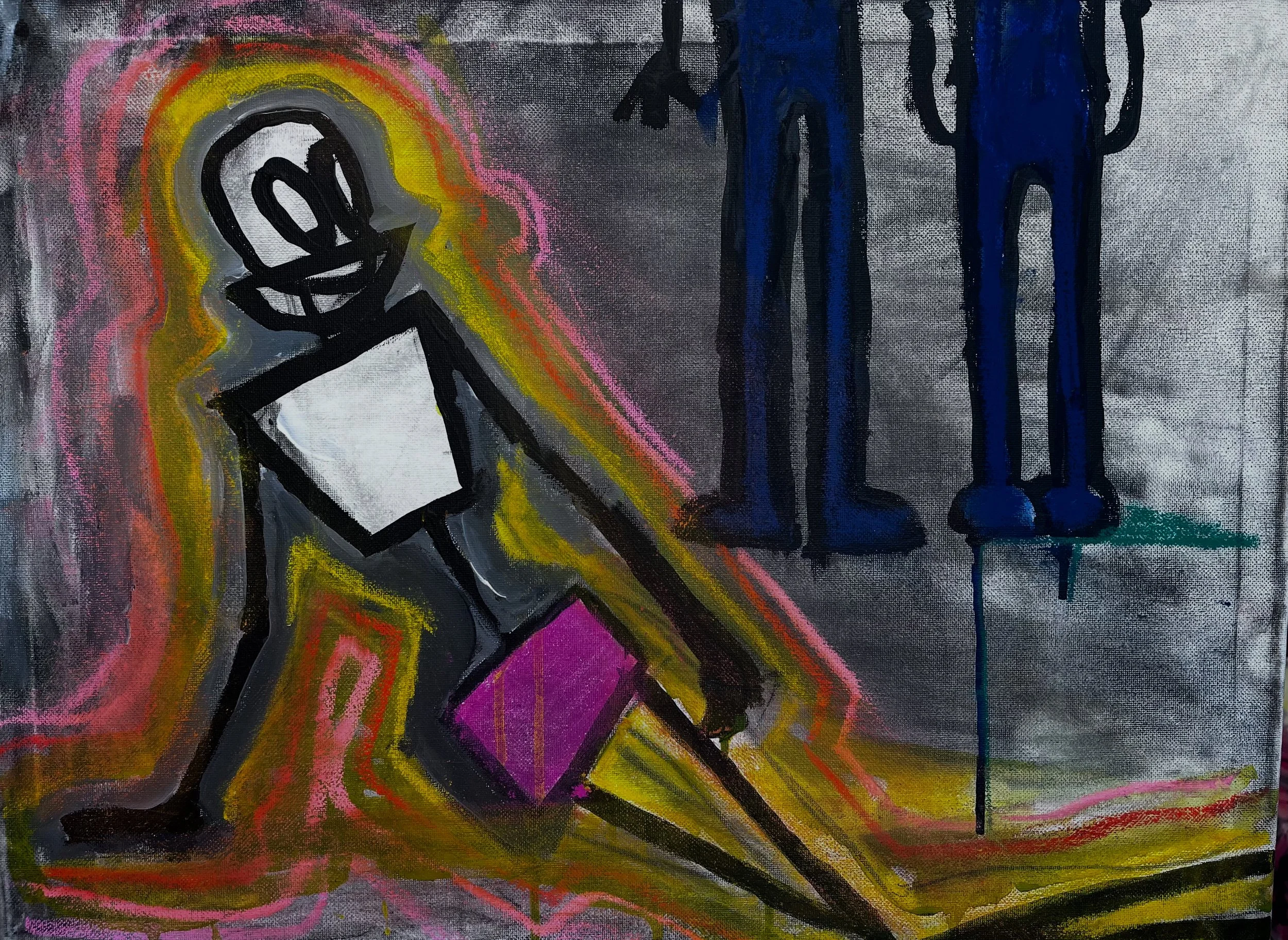 Abstract graffiti-style painting featuring a humanoid figure with a square head and elongated limbs, surrounded by colorful swirling lines, on a gray textured background with blue vertical shapes.