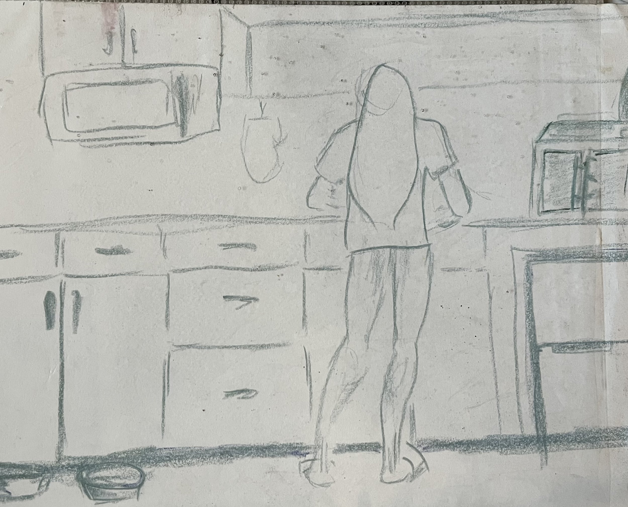 Sketch of a woman standing at a kitchen counter, facing away, with cabinets, microwave, and other kitchen appliances visible.