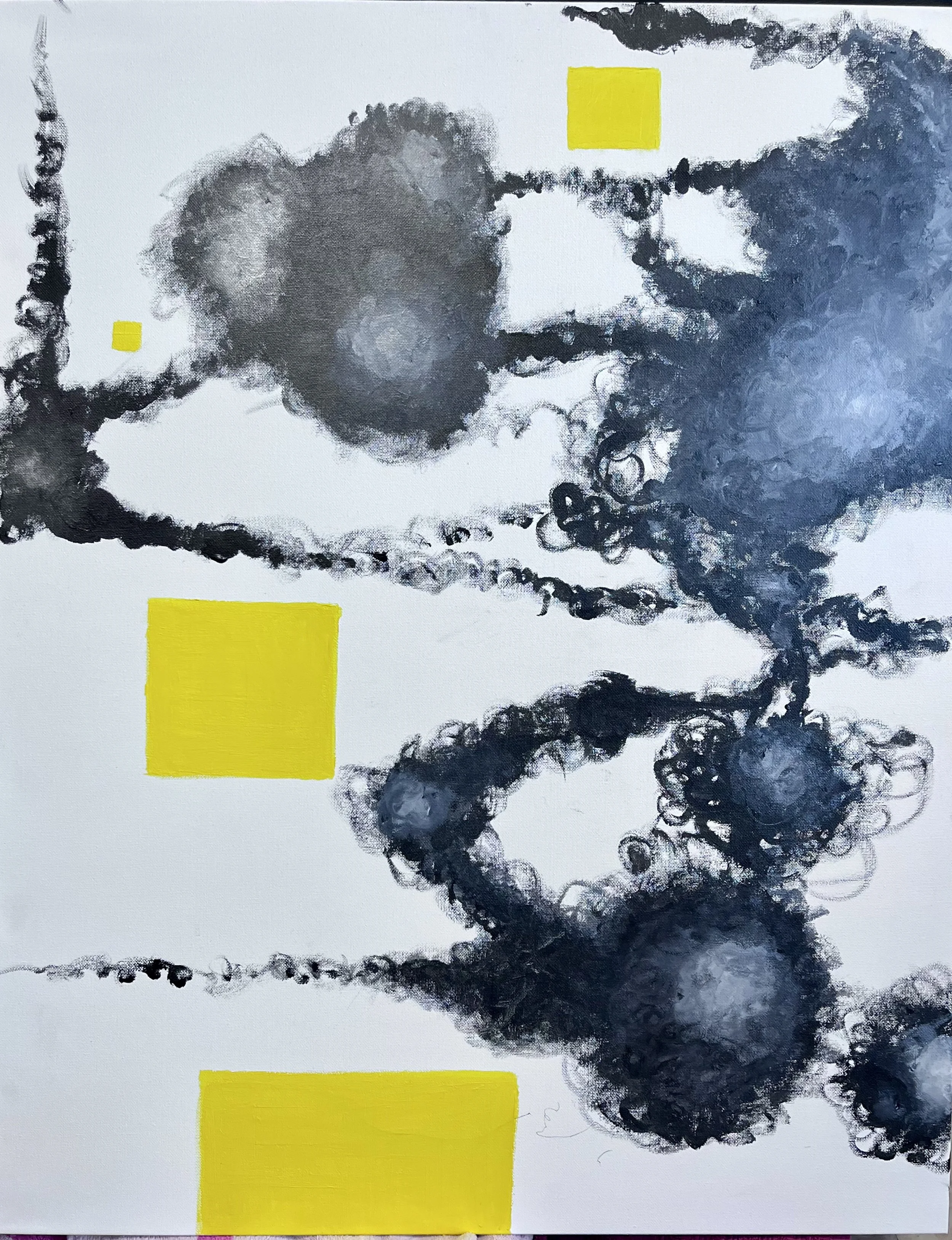 Abstract black cloud-like shapes on a white background with three yellow squares of varying sizes placed at different positions.