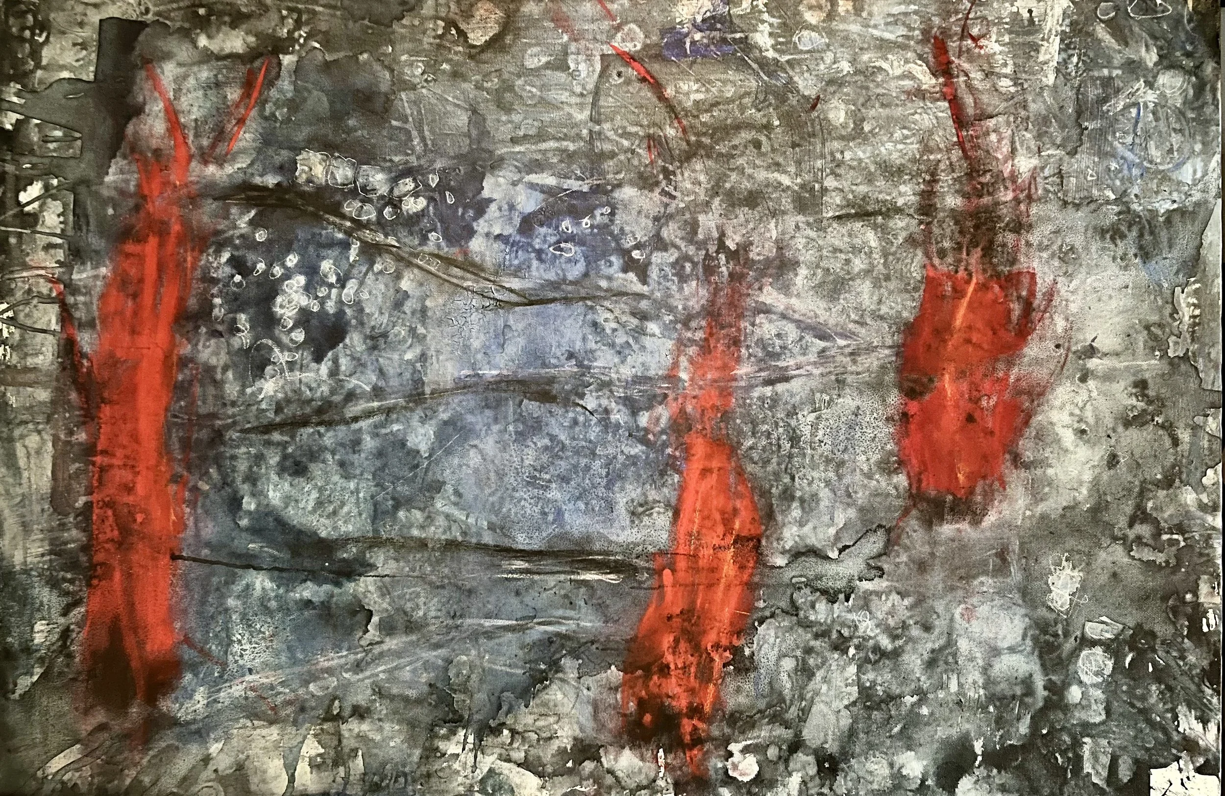 Abstract painting with a textured gray background, featuring three bold red vertical streaks and splashes of white and black.