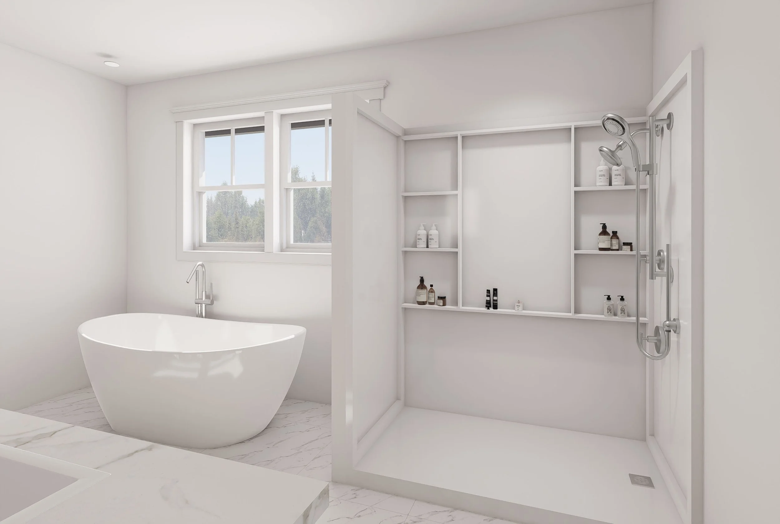 A modern, minimalist bathroom with a white bathtub, a large window, and a corner walk-in shower with shelves.
