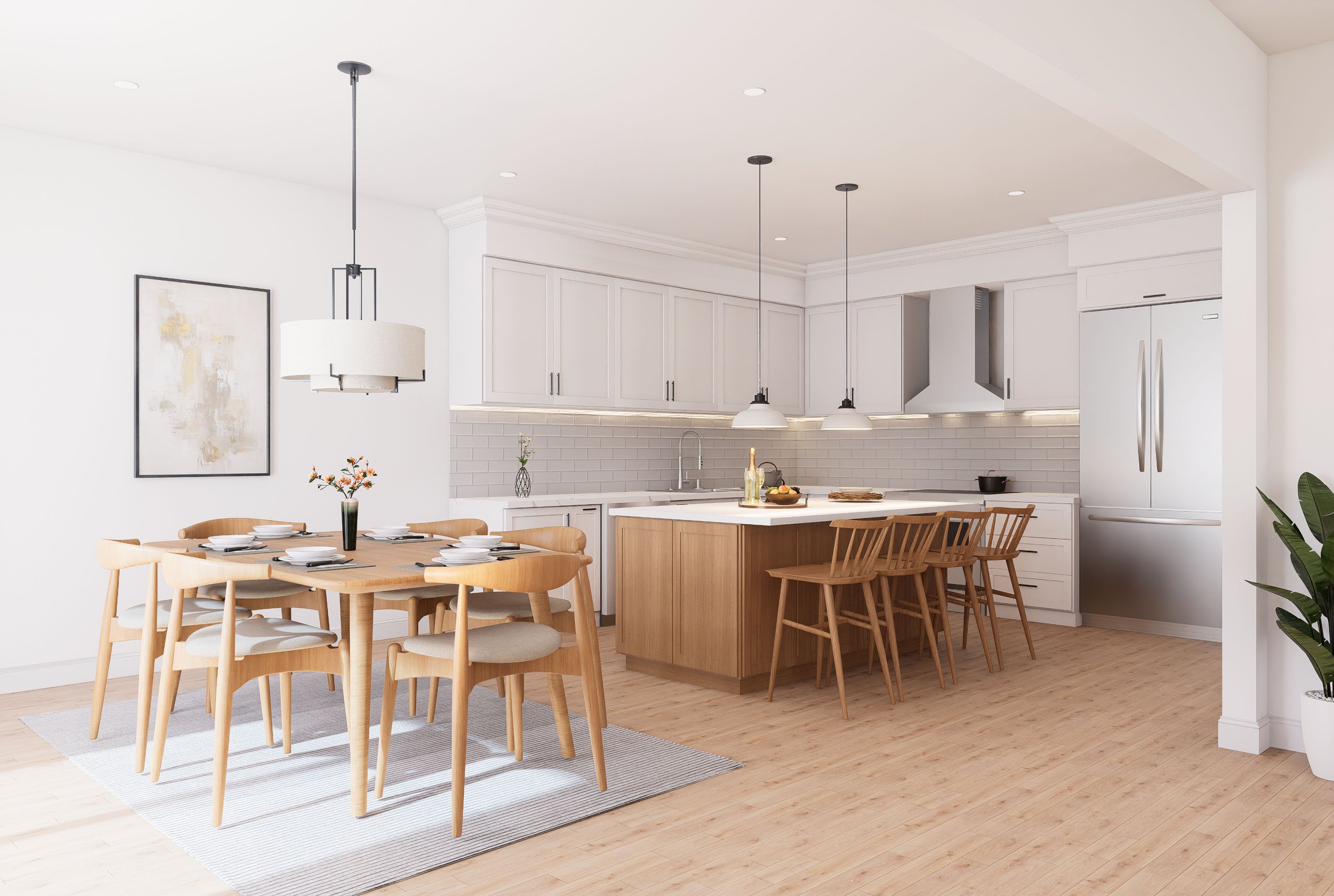 Modern kitchen with white cabinets, a large white island with wooden stools, a dining table with six wooden chairs, pendant lighting, a potted plant, and wall art.